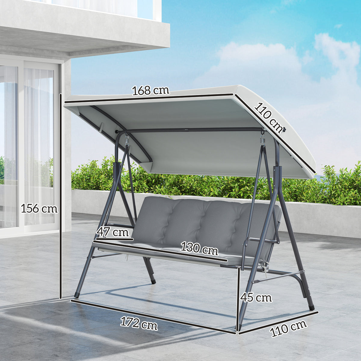 Three-Seater Garden Swing Seat with Canopy - Light Grey