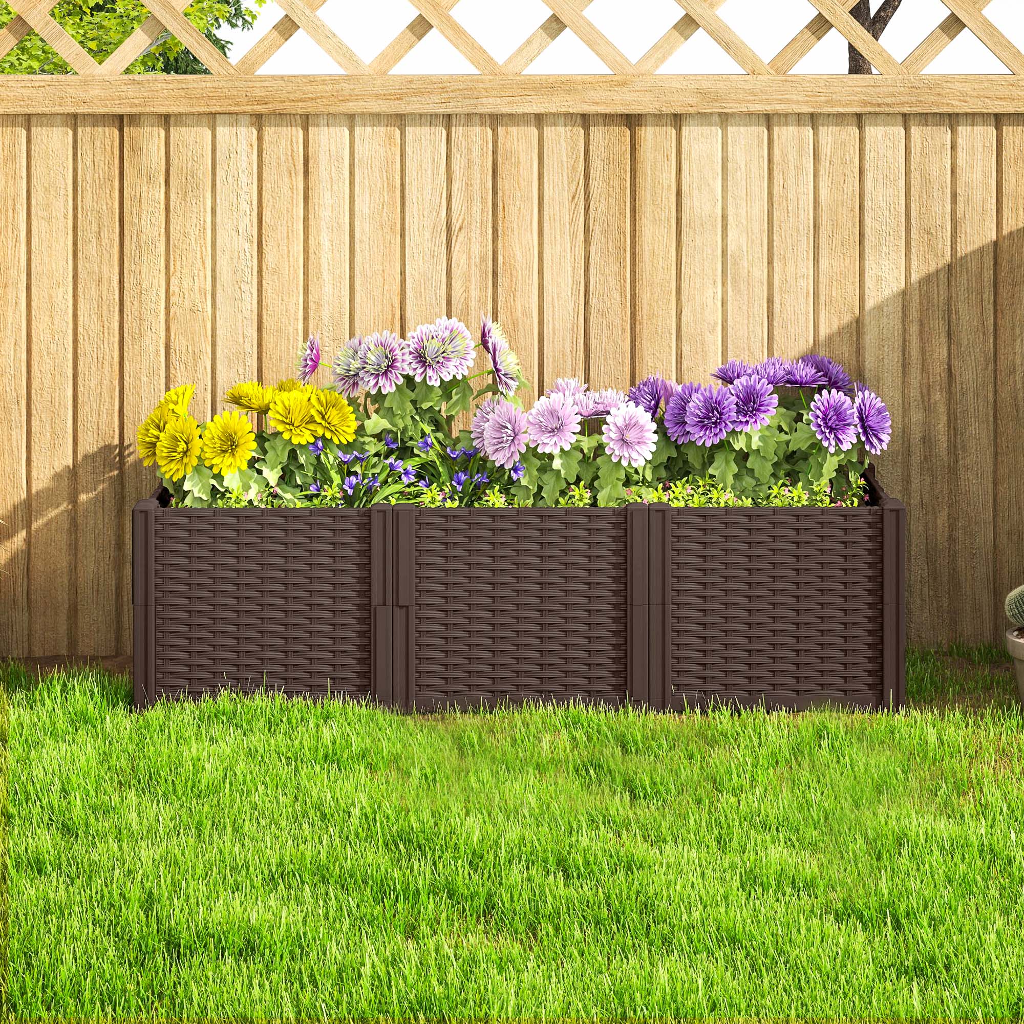 Modular Plastic Raised Garden Bed Kit with Fence Edging - Brown