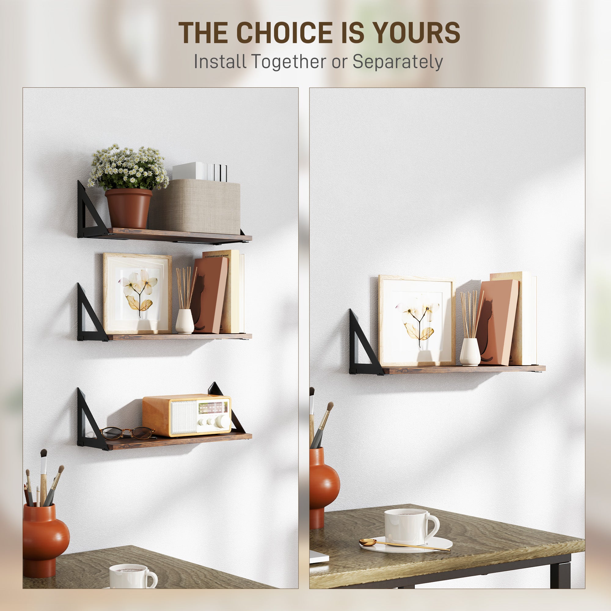 Set of 3 Vintage Wall Mounted Floating Shelves for Living Room, Entryway, Bedroom - Rustic Brown