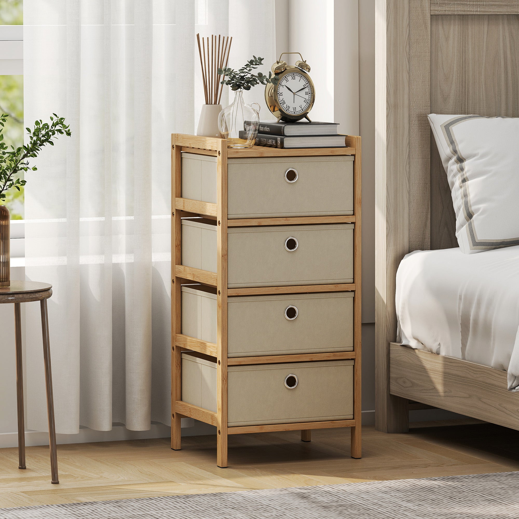 Chest of Drawers, 4 Fabric Drawers Narrow Dresser with Bamboo Frame, Cream White