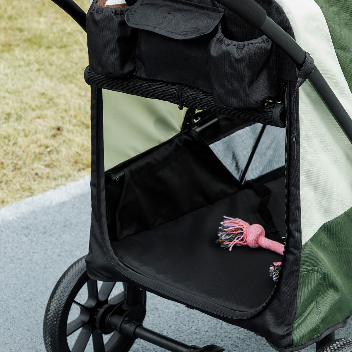 Easy Folding Large Dog Pet Stroller with Shock Absorb Frame, Safety Leashes & Brakes - Dark Green