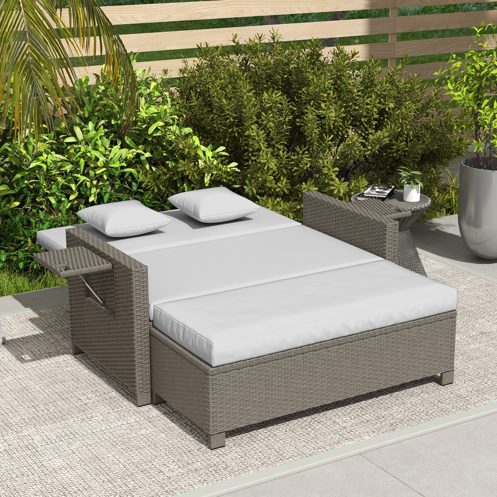 2 Piece Rattan Day Bed Set with Storage Footstool - Light Grey