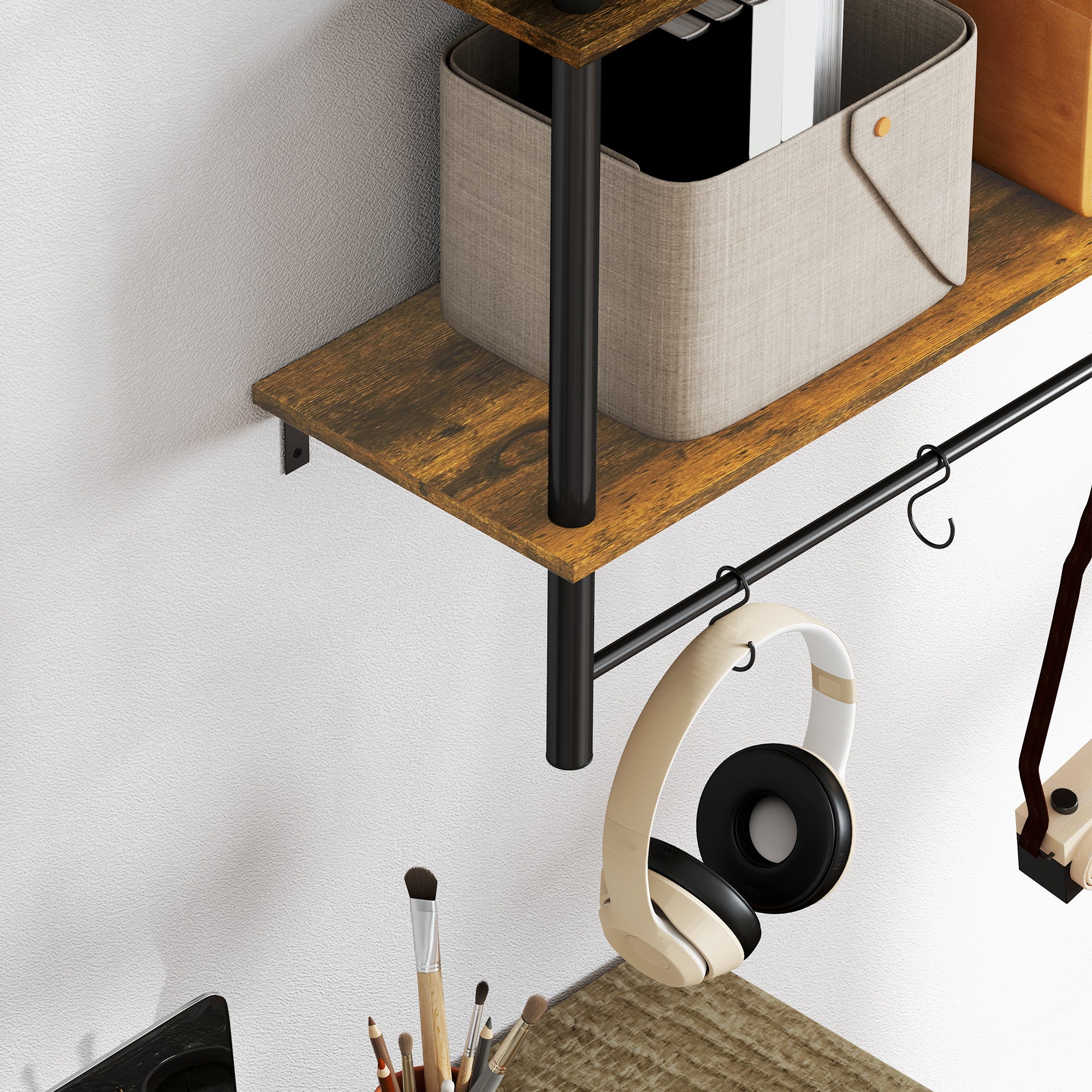 Wall Mounted Floating Shelf Unit with 4 Hooks, Rustic Brown