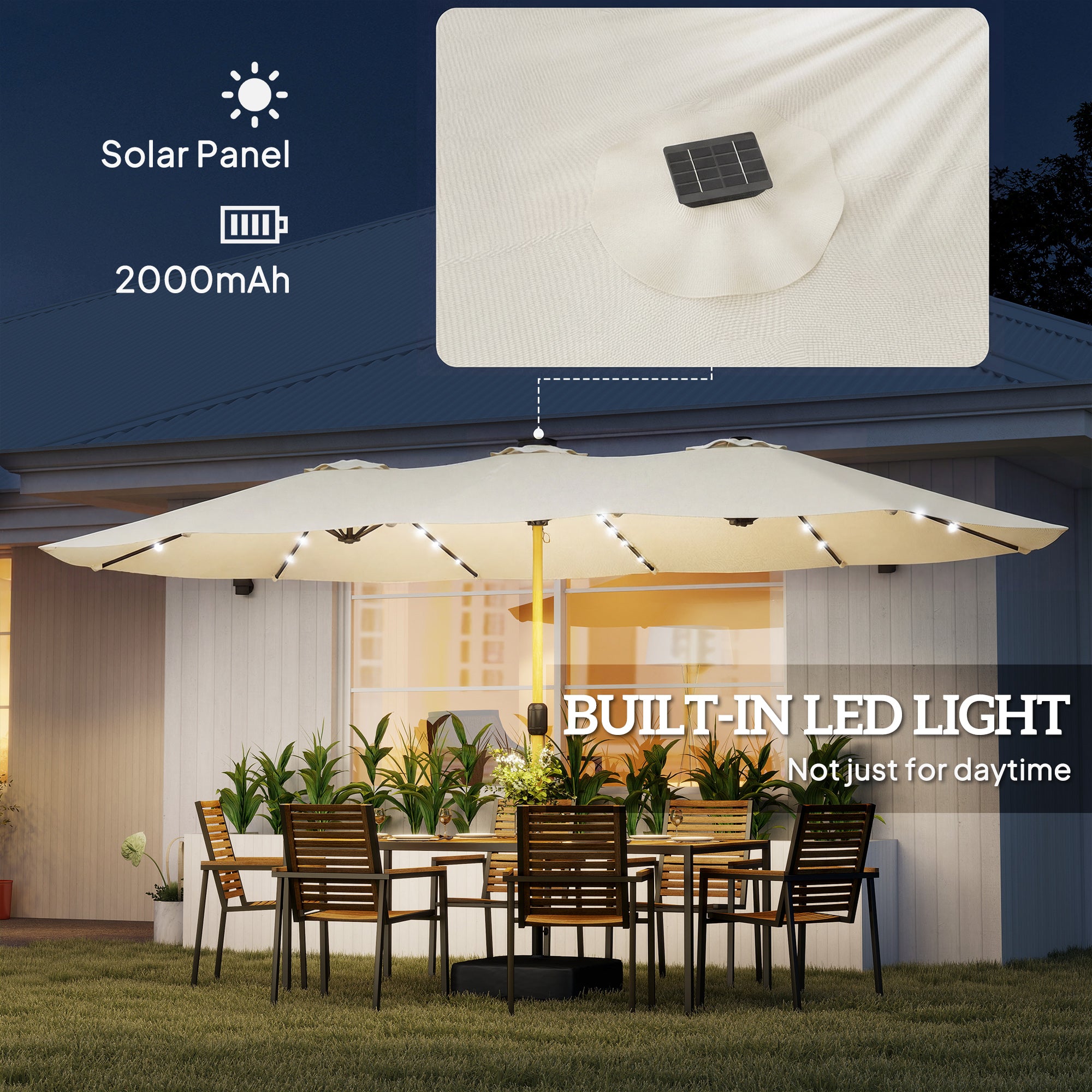 Double Sided Garden Parasol with Base Included & 48 Solar LED Lights Patio Umbrella Crank Handle 4.6m Cream White