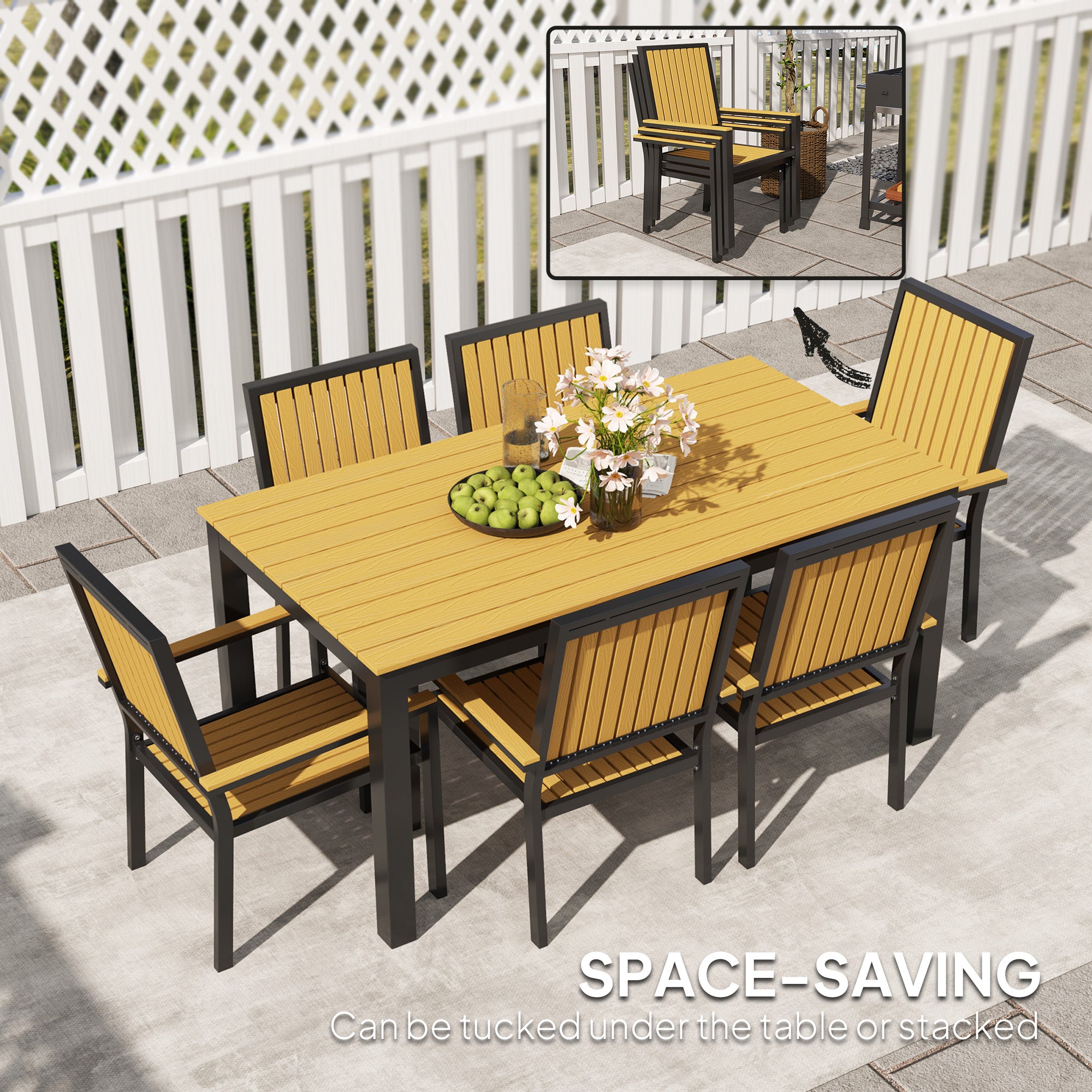 6 Seater Garden Dining Set with Stackable Chairs - Aluminium Frame and Weather-Resistant Wood Plastic Top