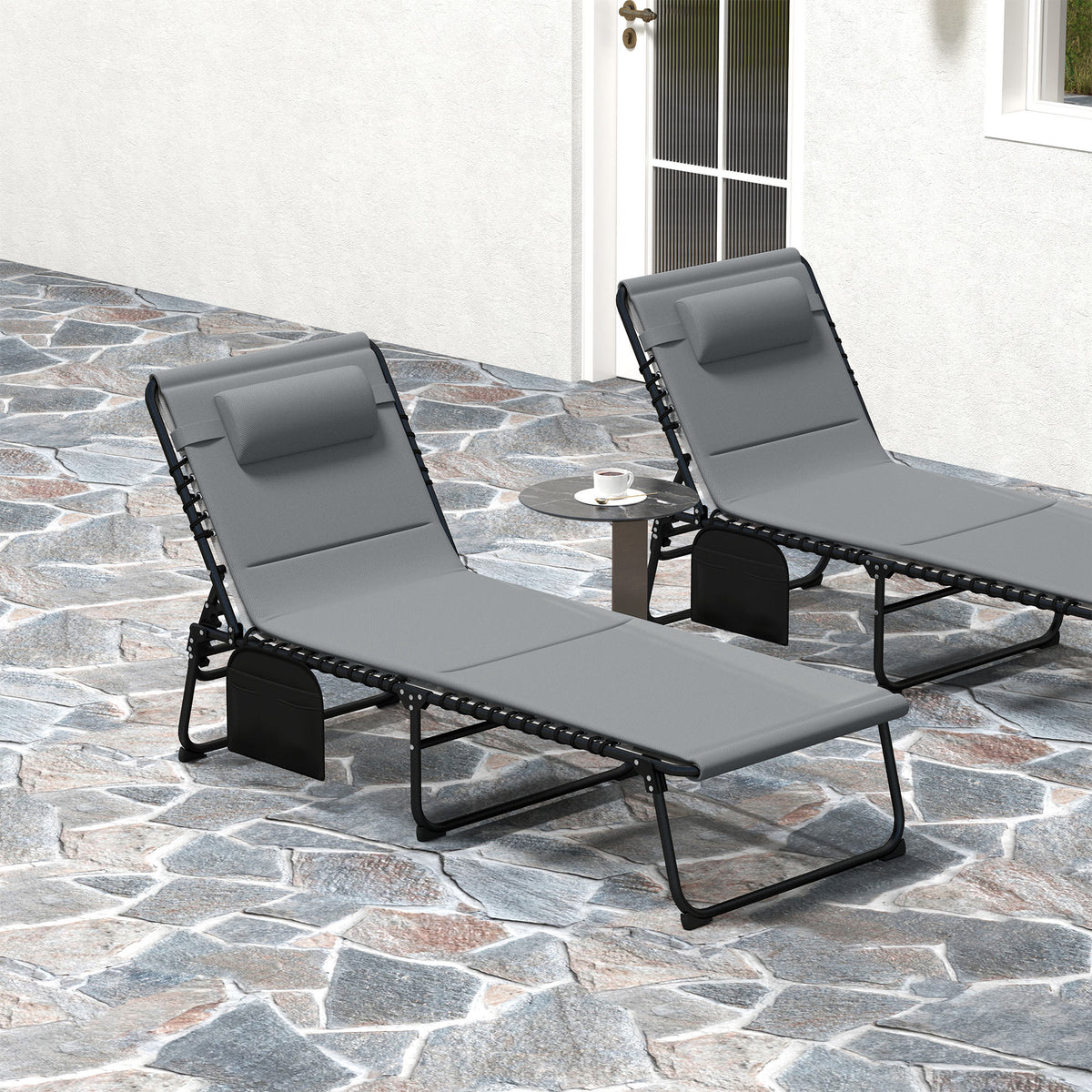 Set of 2 Folding Recliner Sun Loungers with Quick-Dry Pad & Side Pocket - Charcoal Grey
