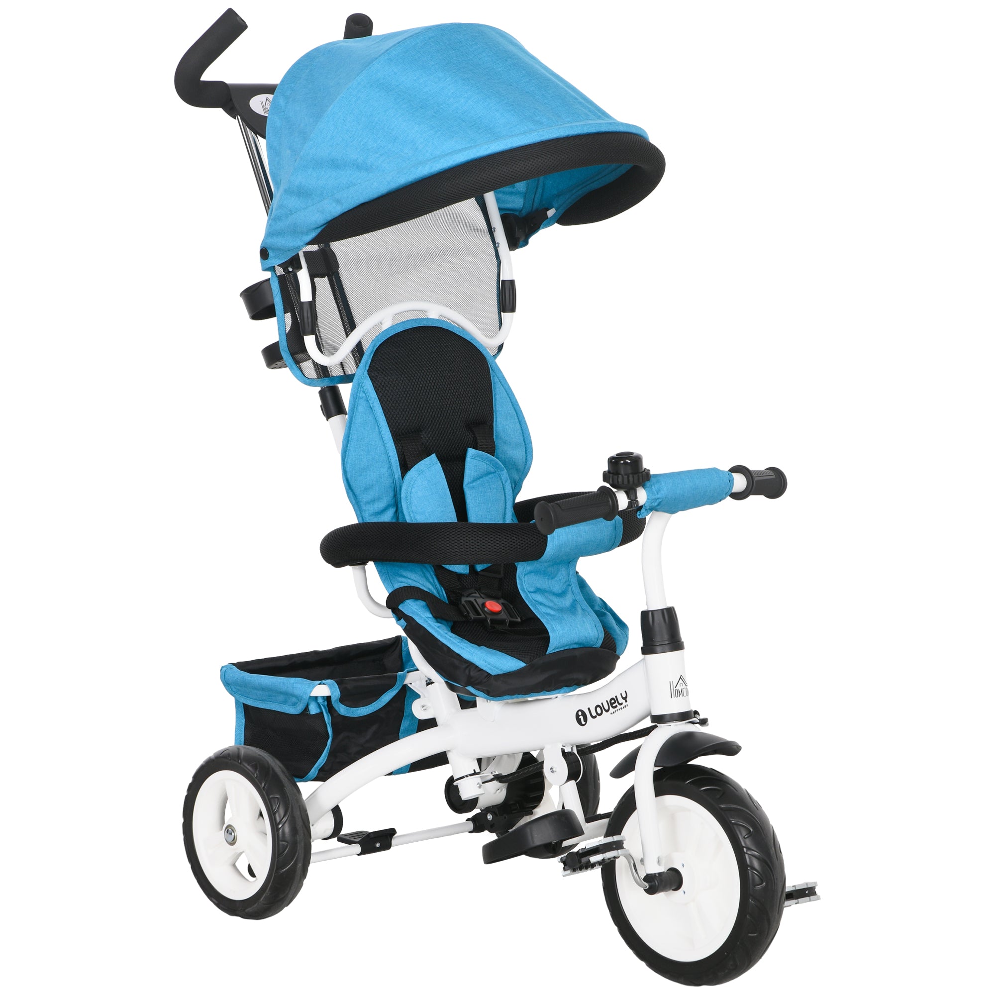 6 in 1 Kids Trike Push Bike w/ Push Handle, Canopy, 5-point Safety Belt, Storage, Footrest, Brake, for 1-5 Years, Blue