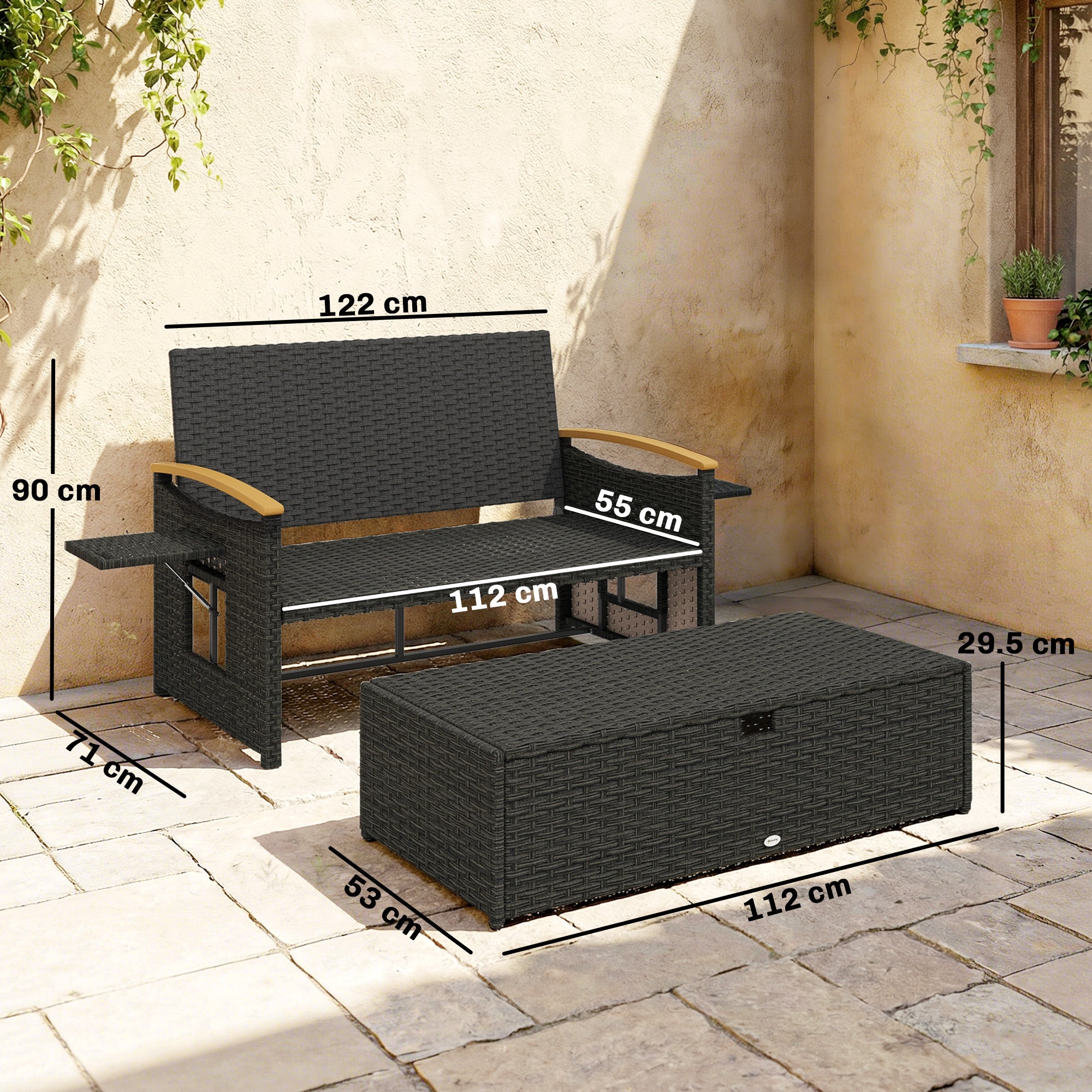 Double Garden Rattan Daybed, Wicker Sun Bed Chaise Lounger with Storage Ottoman, 4-Level Adjustable Backrest, Brown