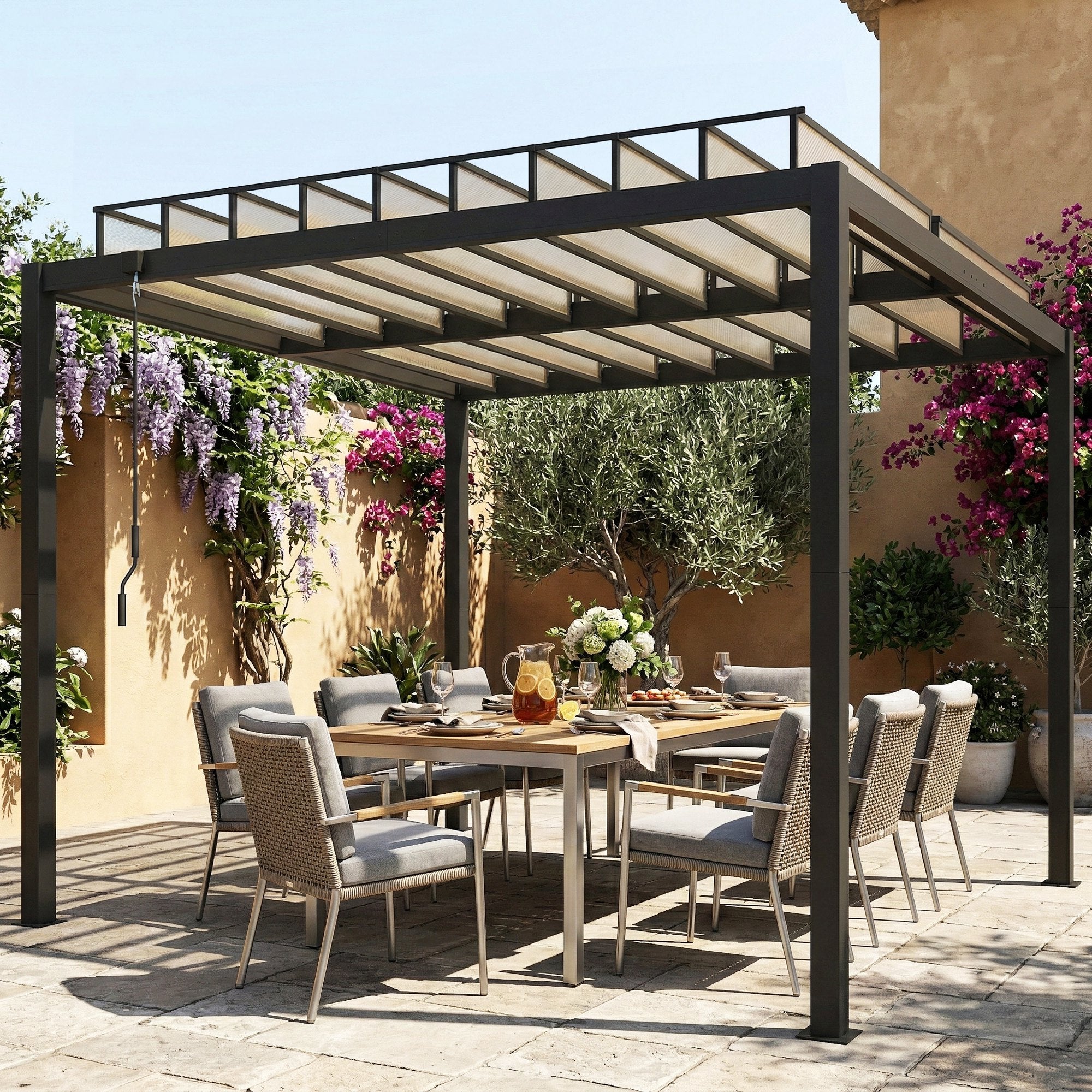 3 x 3 m Louvered Pergola with PC Roof, Aluminium Patio Gazebo Pergola Canopy with Drainage Gutters, Handle, Coffee