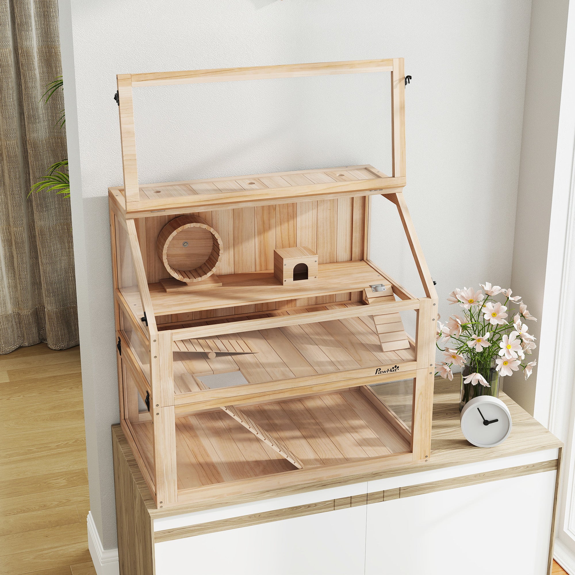 Wooden Hamster Cage with Detachable 31cm Deep Bottom, Hut, Seesaw, Exercise Wheel, Ramp, 80 x 50 x 76cm, Natural