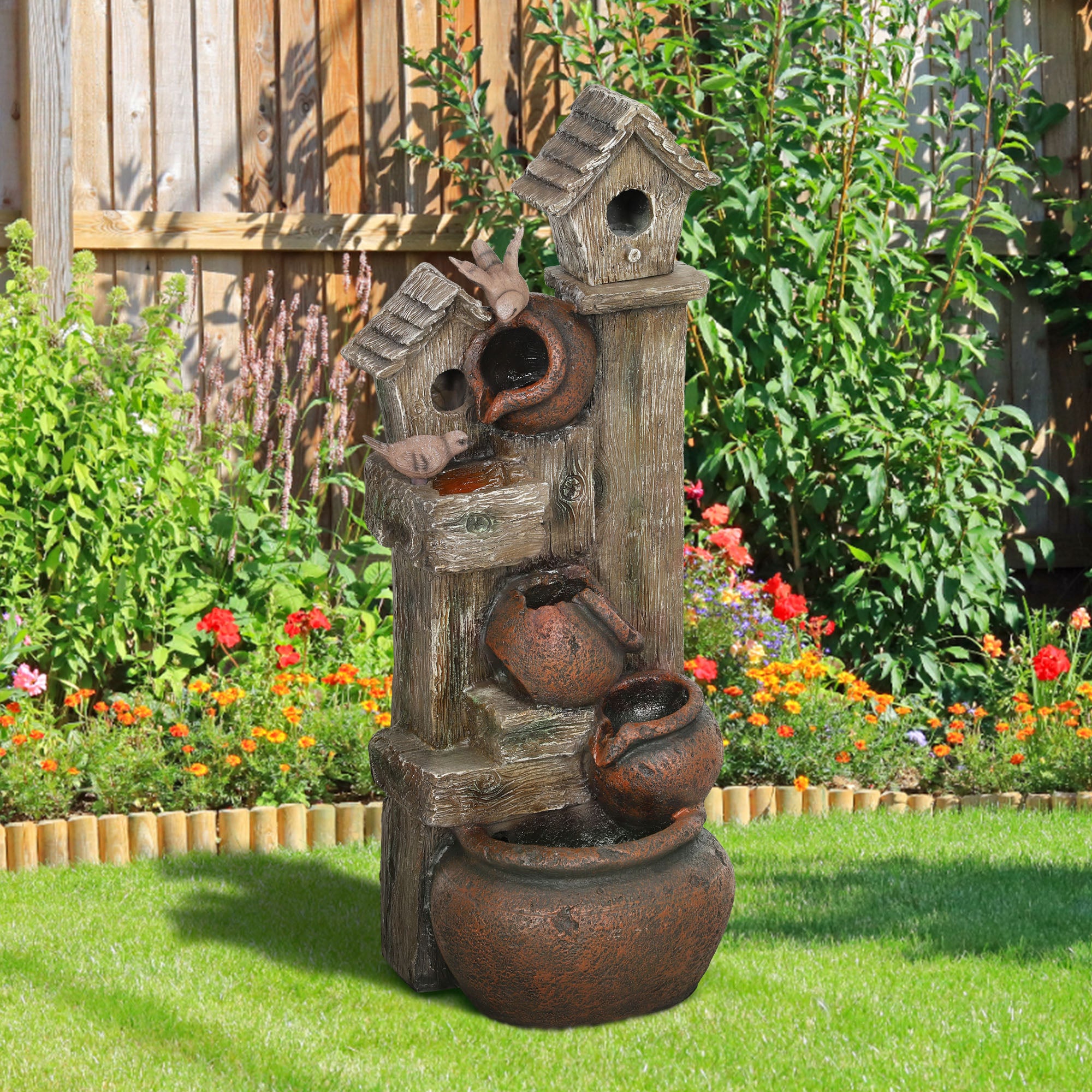 2-in-1 Resin Waterfall Fountain with Birdhouse and LED Lights, Tree Trunk Design - Multi-colour