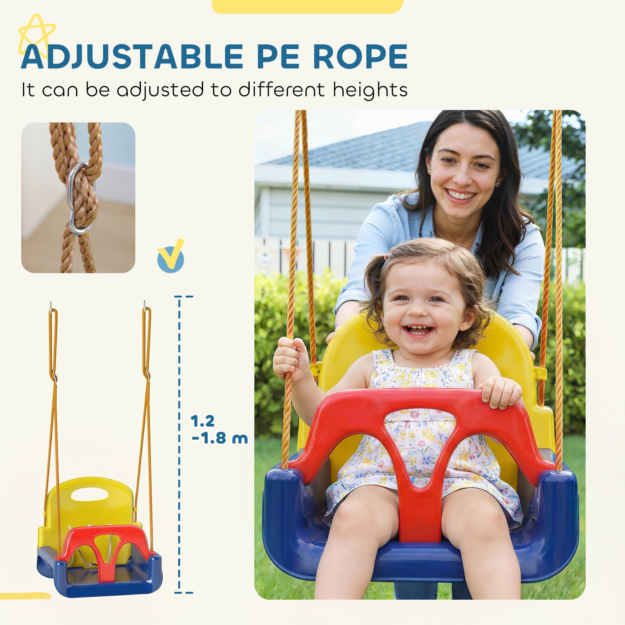 3 in 1 Detachable Kids Swing Seat with Seatbelt, Adjustable Rope for Indoor, Outdoor, Dark Blue