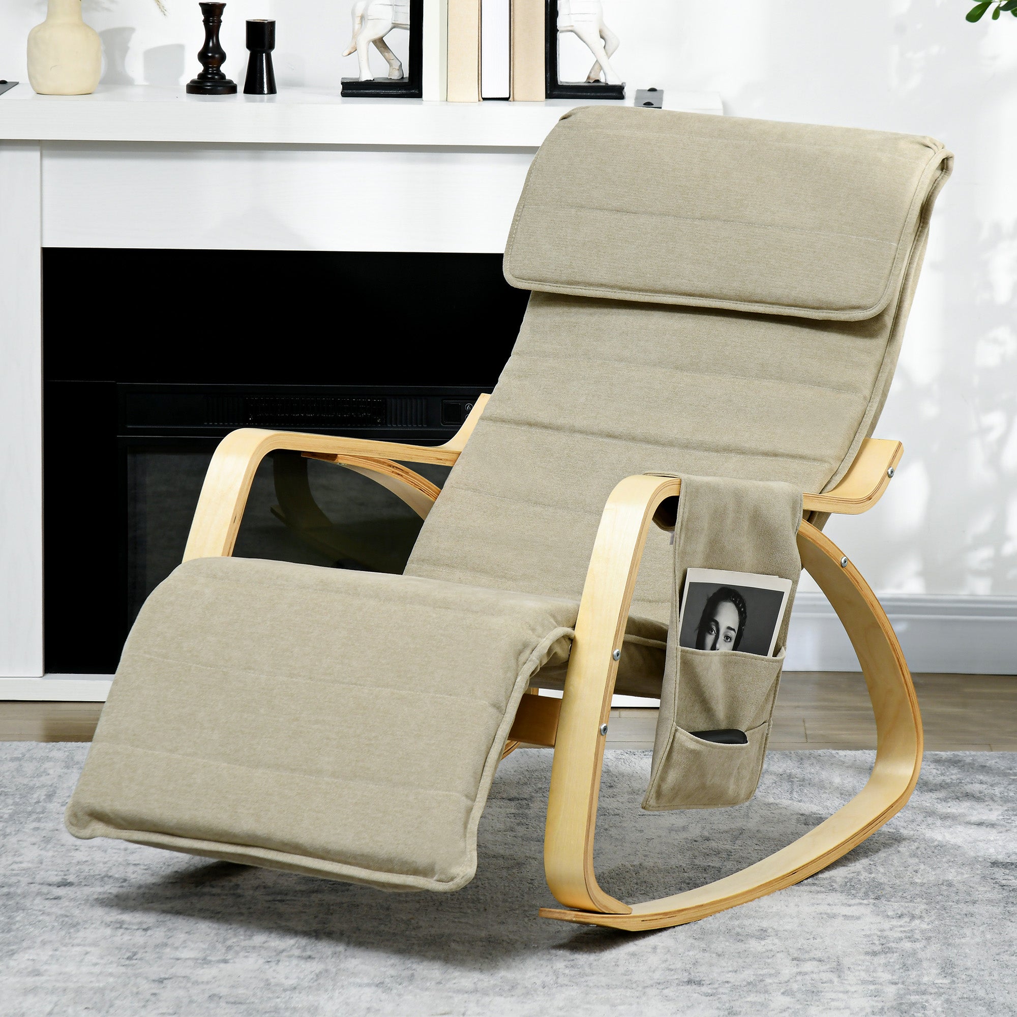 Rocking Lounge Chair Recliner Relaxation Lounging Relaxing Seat with Adjustable Footrest, Side Pocket and Pillow, Khaki