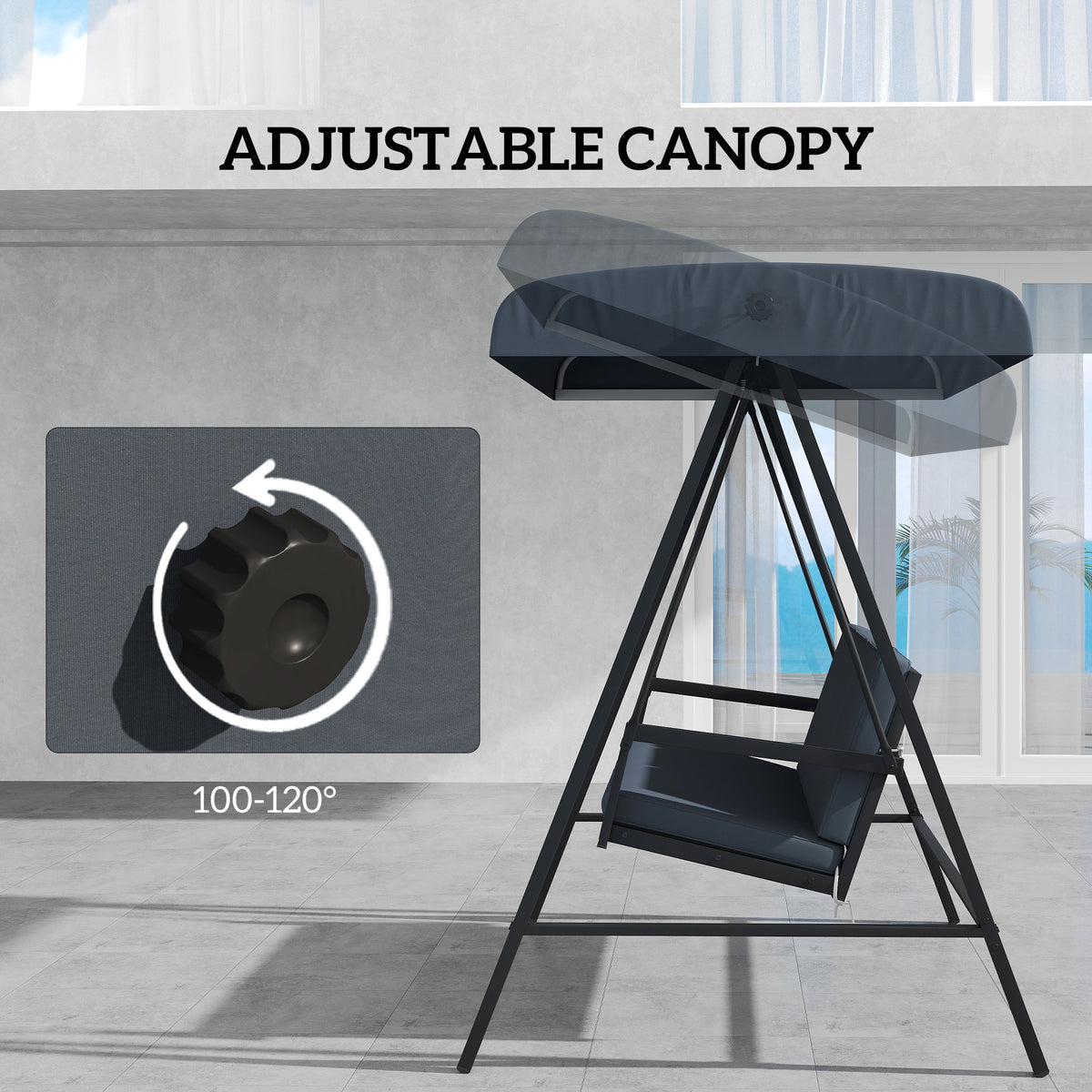 3 Seater Garden Swing Chair with Adjustable Canopy - Dark Grey