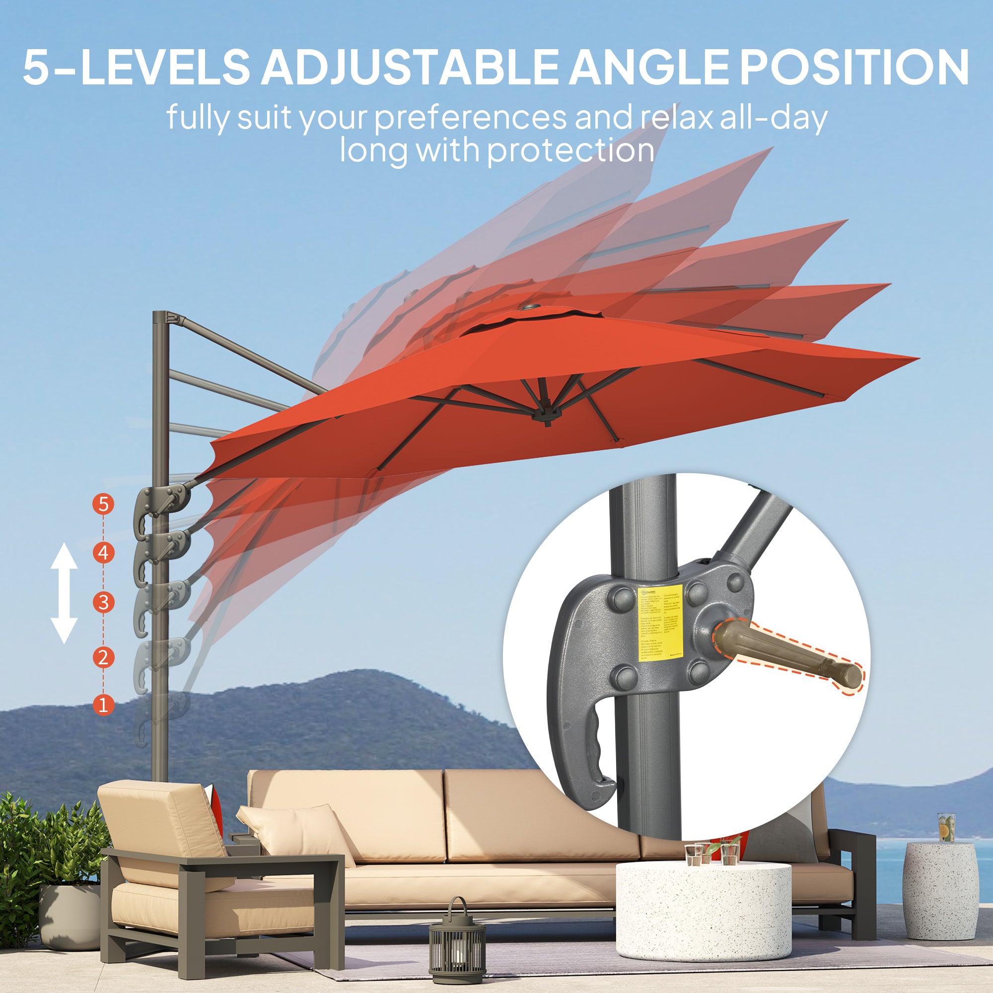Five-Position Aluminium Frame Overhanging Parasol - Orange