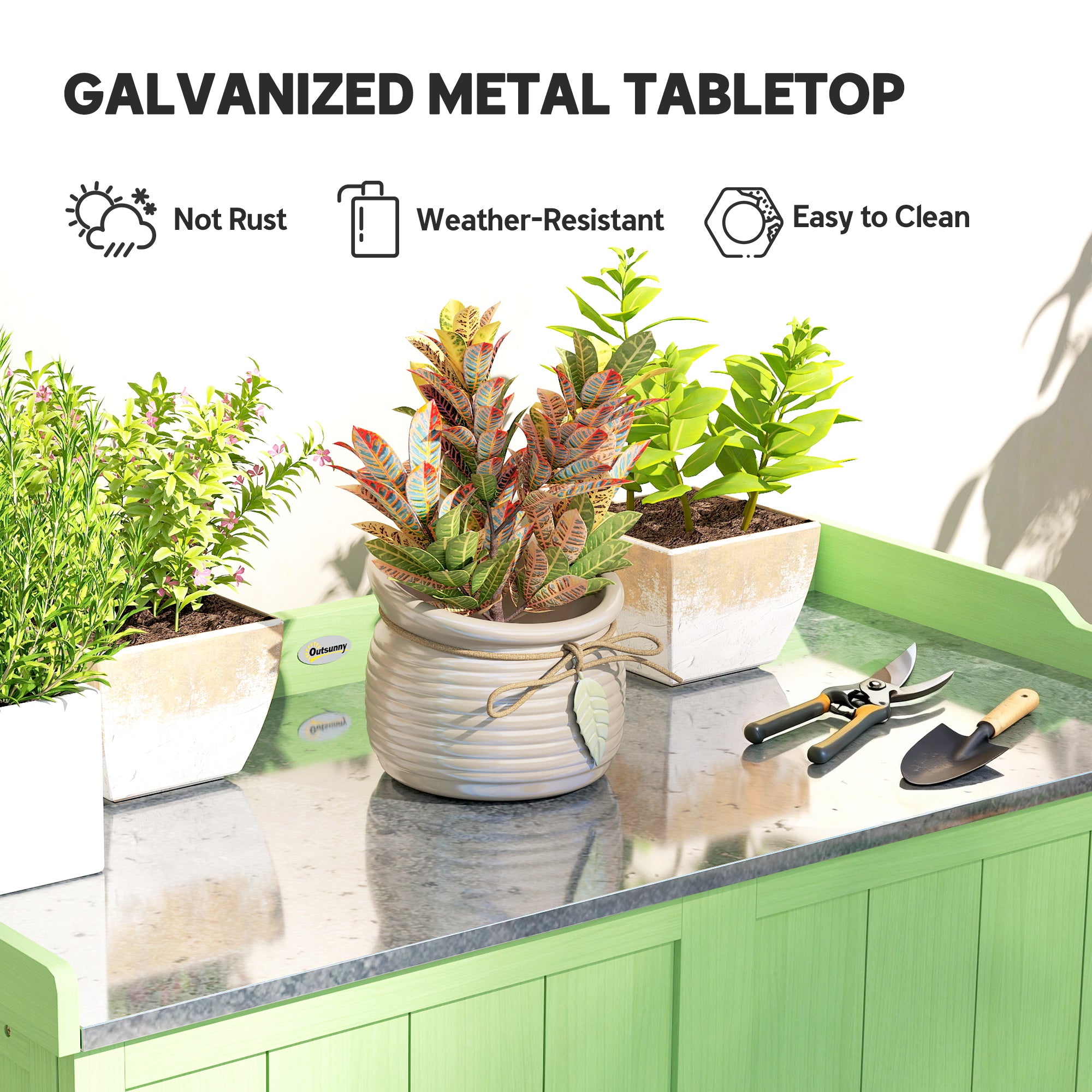 Wood Garden Storage Cabinet, Outdoor Tool Shed, Potting Bench Table with galvanised Top and Two Shelves for garden Tools or Pool Accessories, Green