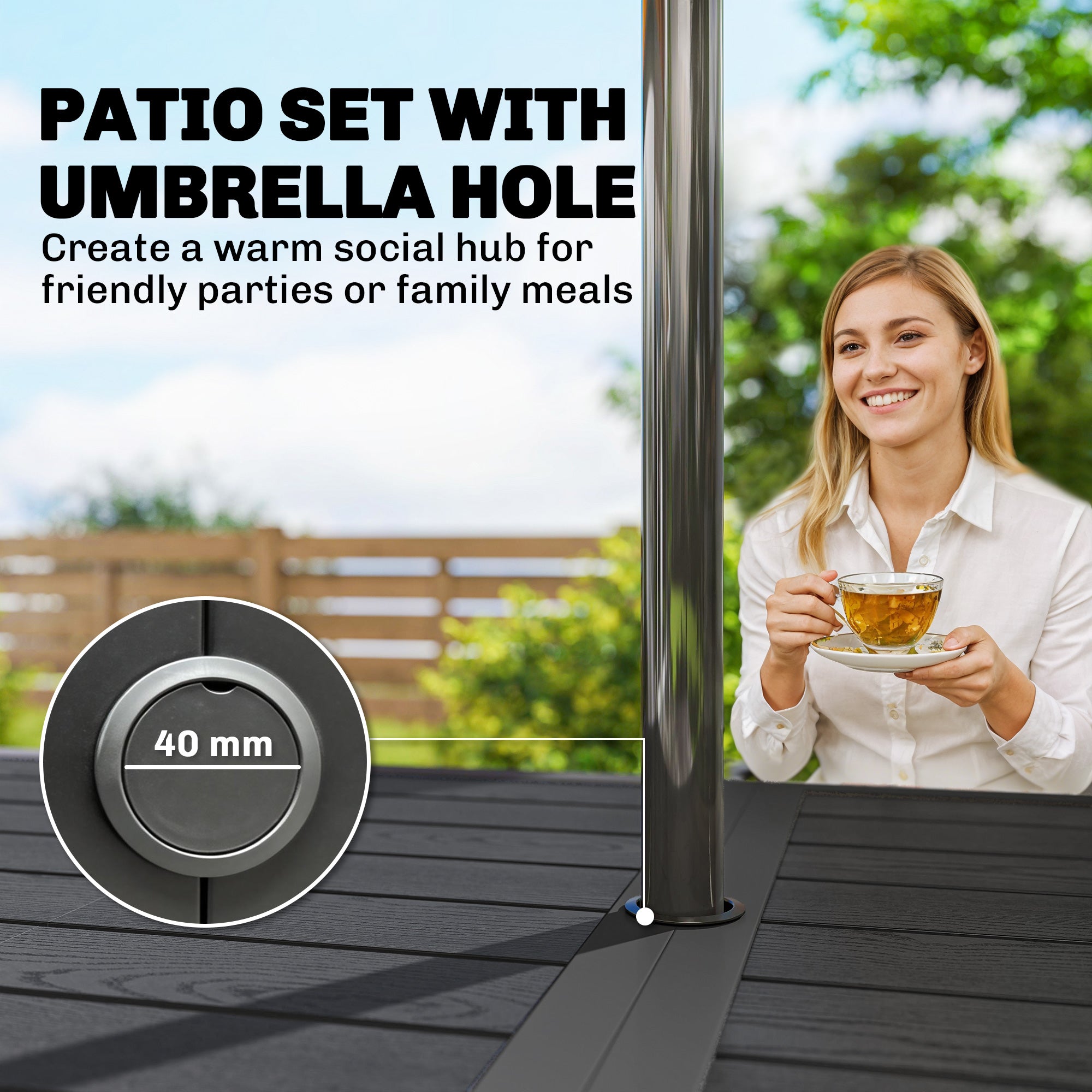 Garden Dining Set for 6, Faux Wood Metal Outdoor Table and Stackable Chairs with Plastic Rattan Effect Seat, Black