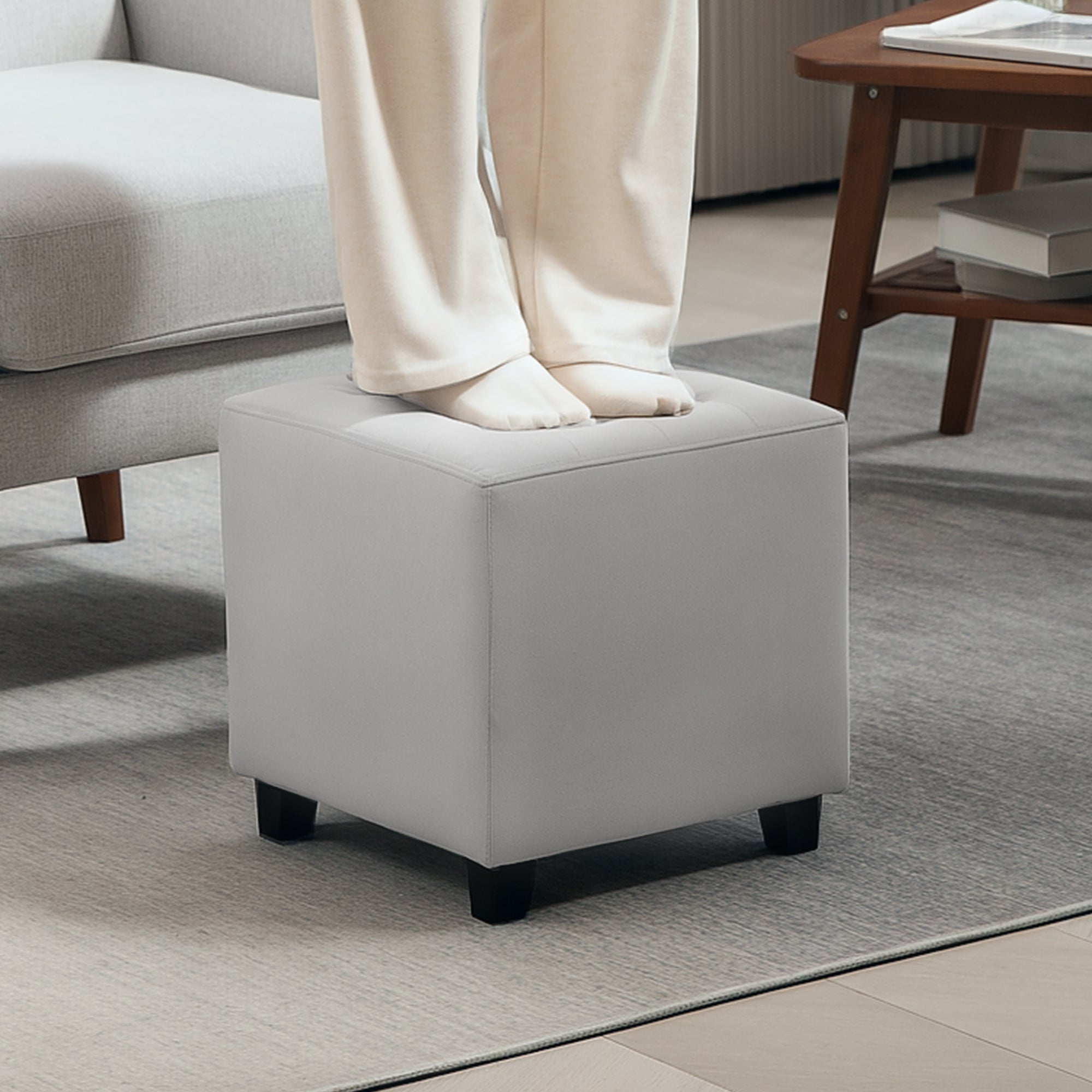 Velvet-Feel Square Ottoman Compact Footstool - Light Grey