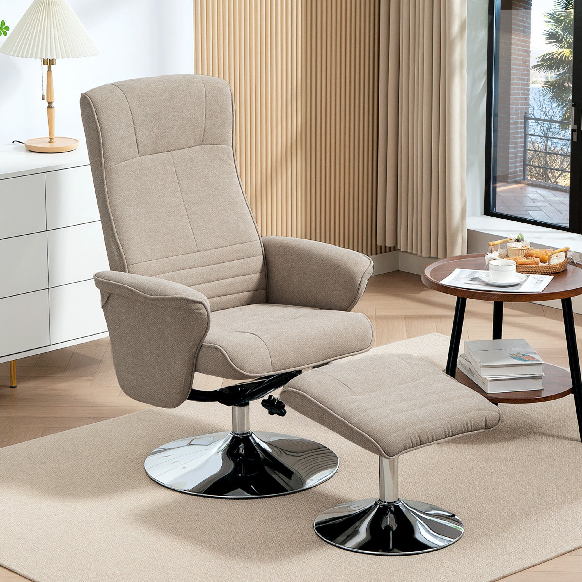Swivel Recliner Chair with Footstool, Velvet Recliner Armchair with Ottoman, Steel Base, Upholstered Reclining Chair for Living Room, Bedroom, Office, Beige