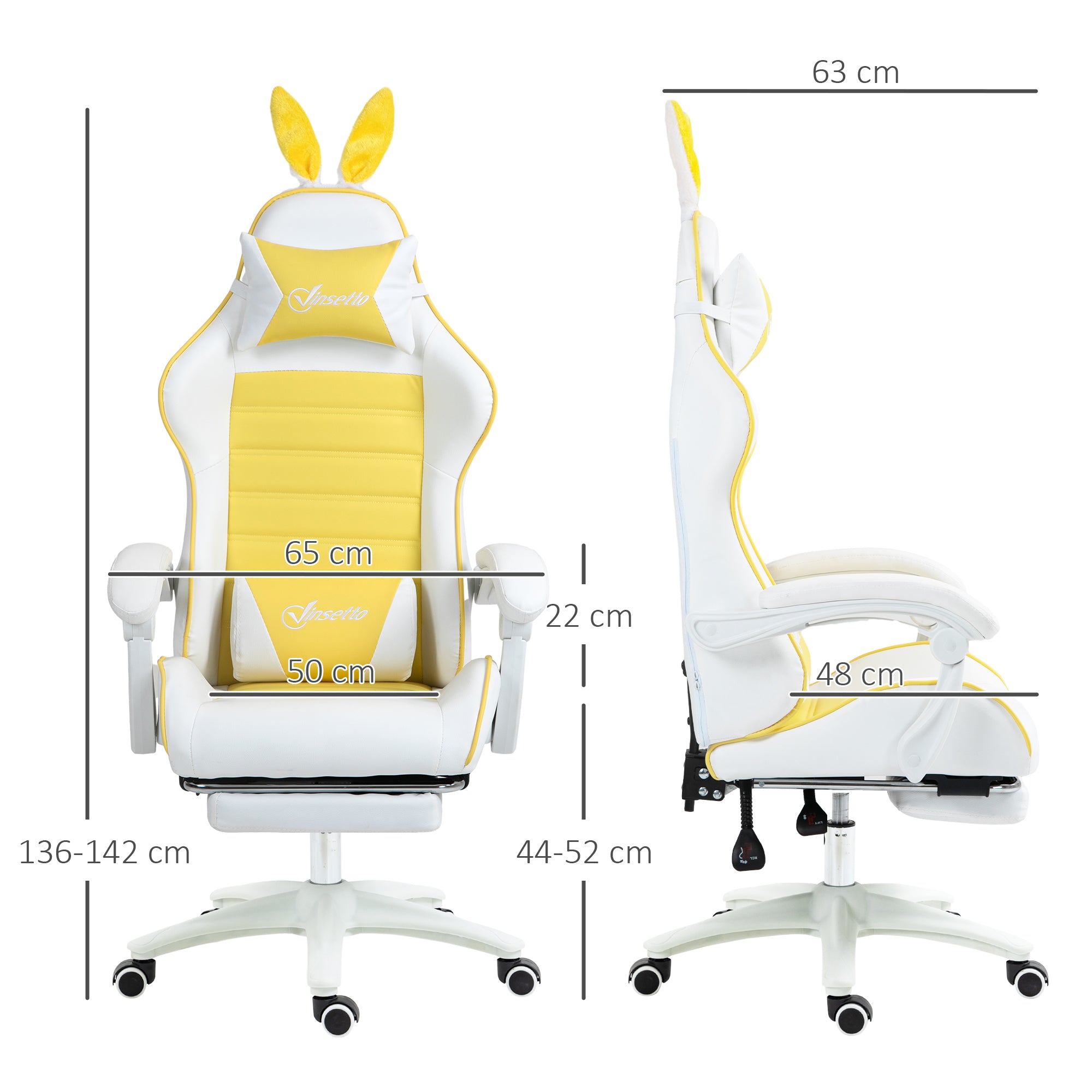 Racing Gaming Chair, Reclining PU Leather Computer Chair with Removable Rabbit Ears, Footrest, Headrest and Lumber Support, Yellow