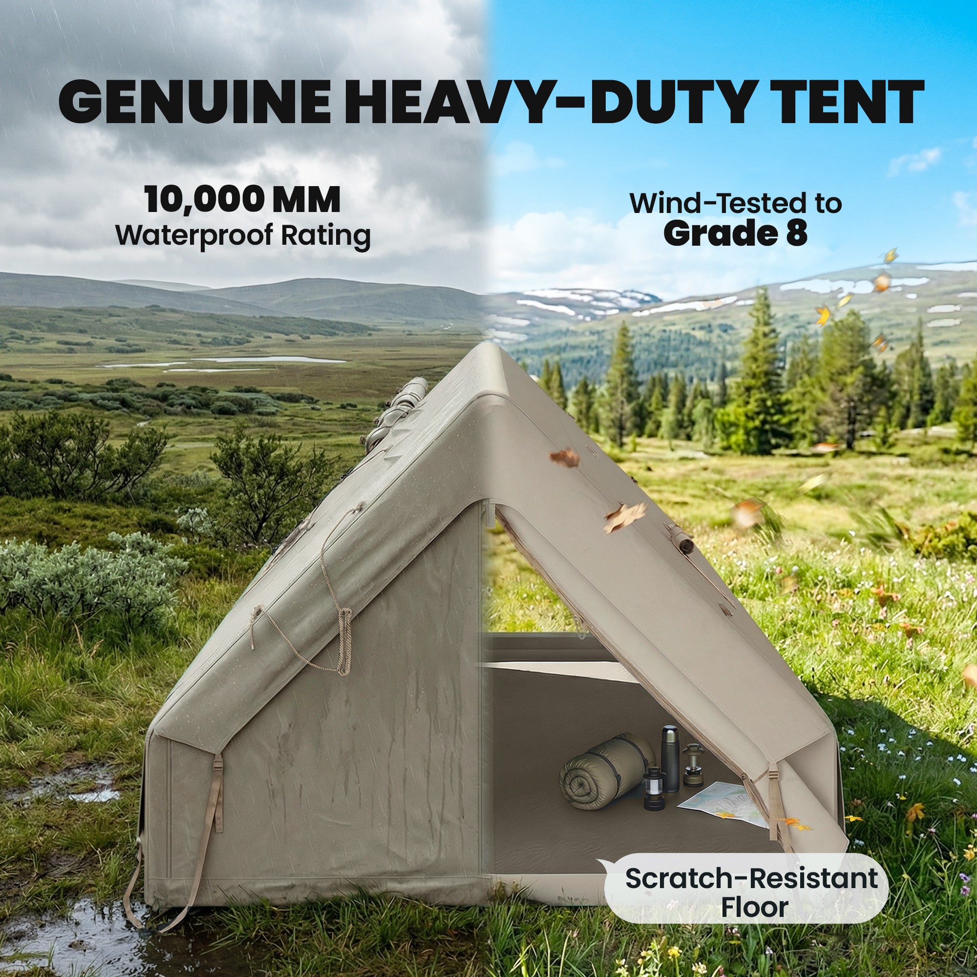 Inflatable Camping Tent, 4 Season Hot Tent 10000mm Waterproof with Chimney Opening, Sky Light and Air Pump, Khaki