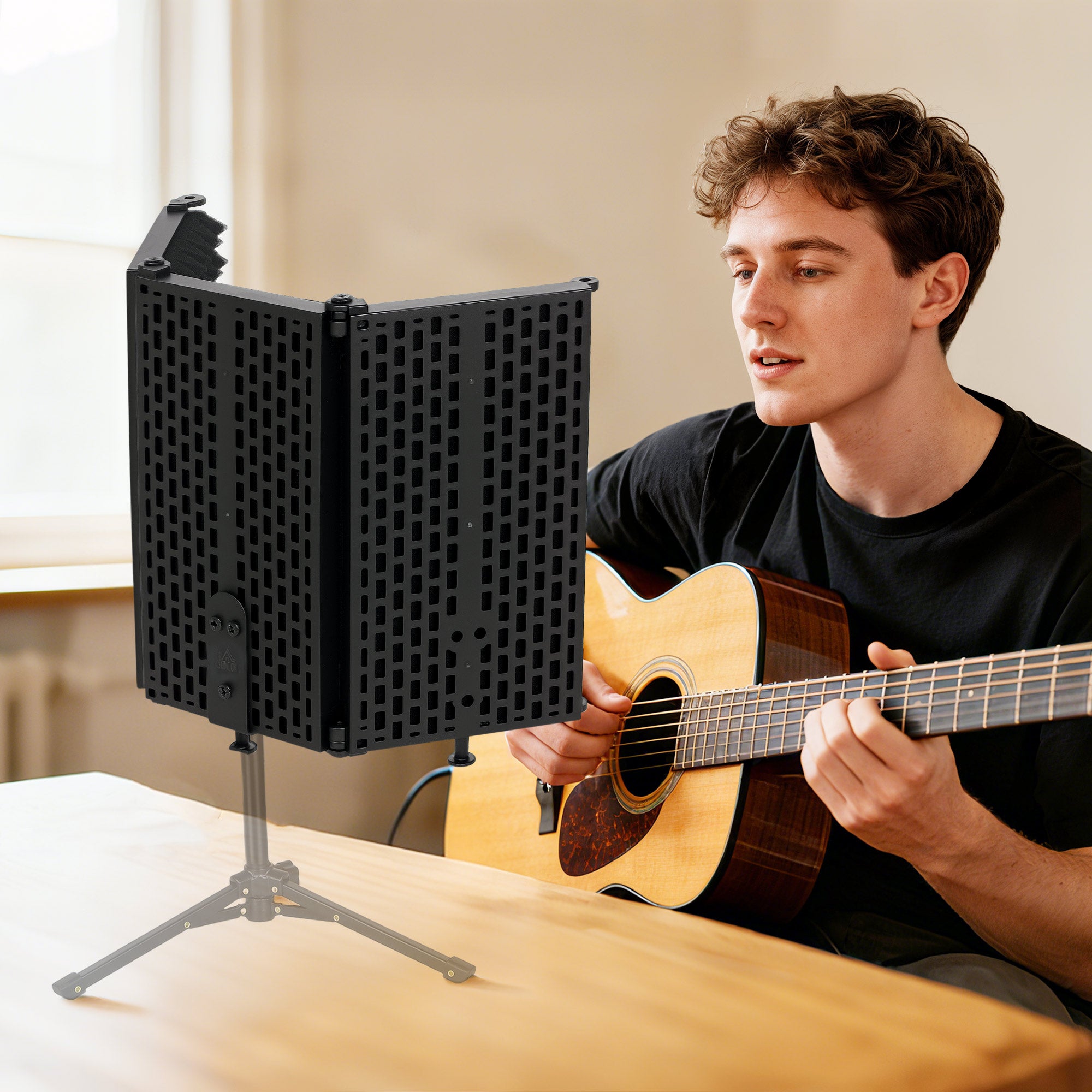 Studio Microphone Isolation Shield, Foldable Adjustable Recording Studio Equipment, 3-Panel High Density Absorbent Foam Shield with 3/8" Threaded Mount, Black
