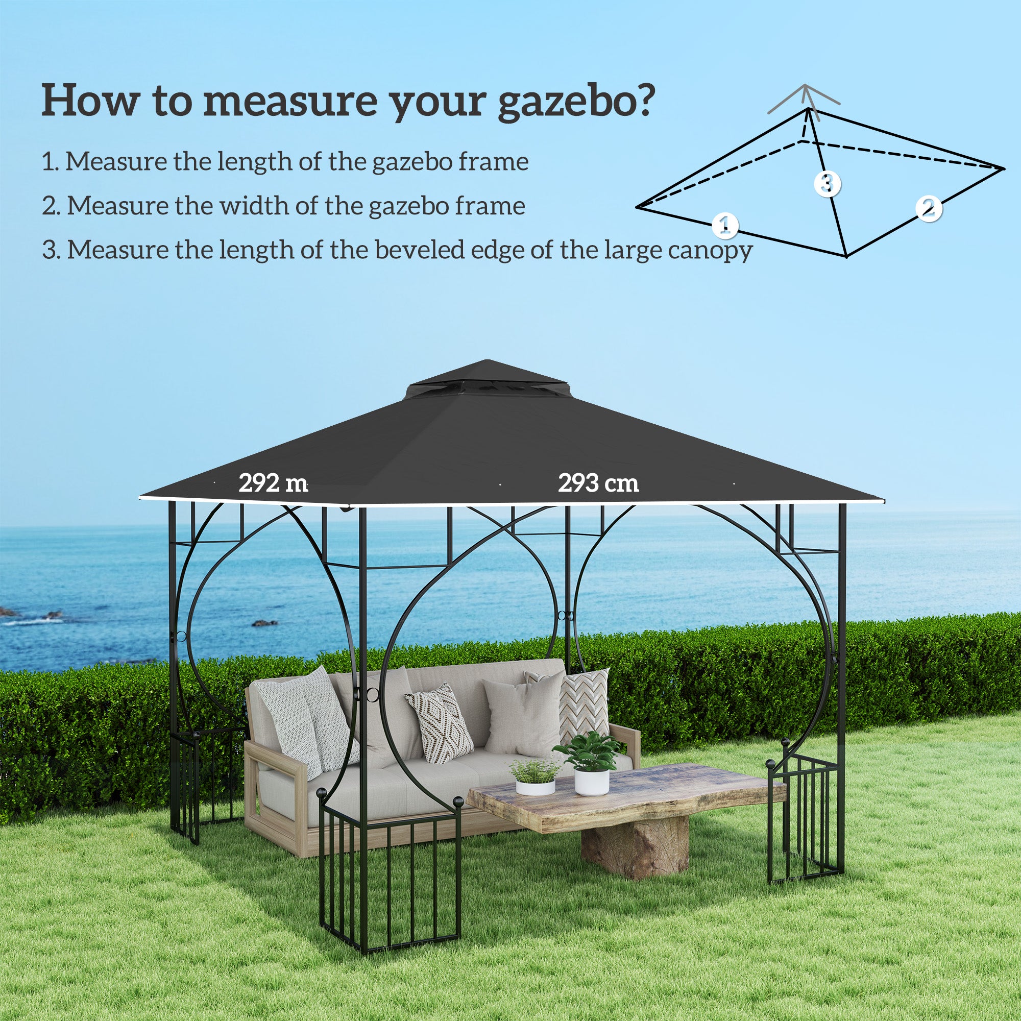 3x3(m) Replacement Gazebo Canopy, Double Tier Roof Top for Garden, Patio, Outdoor, Black (TOP ONLY)