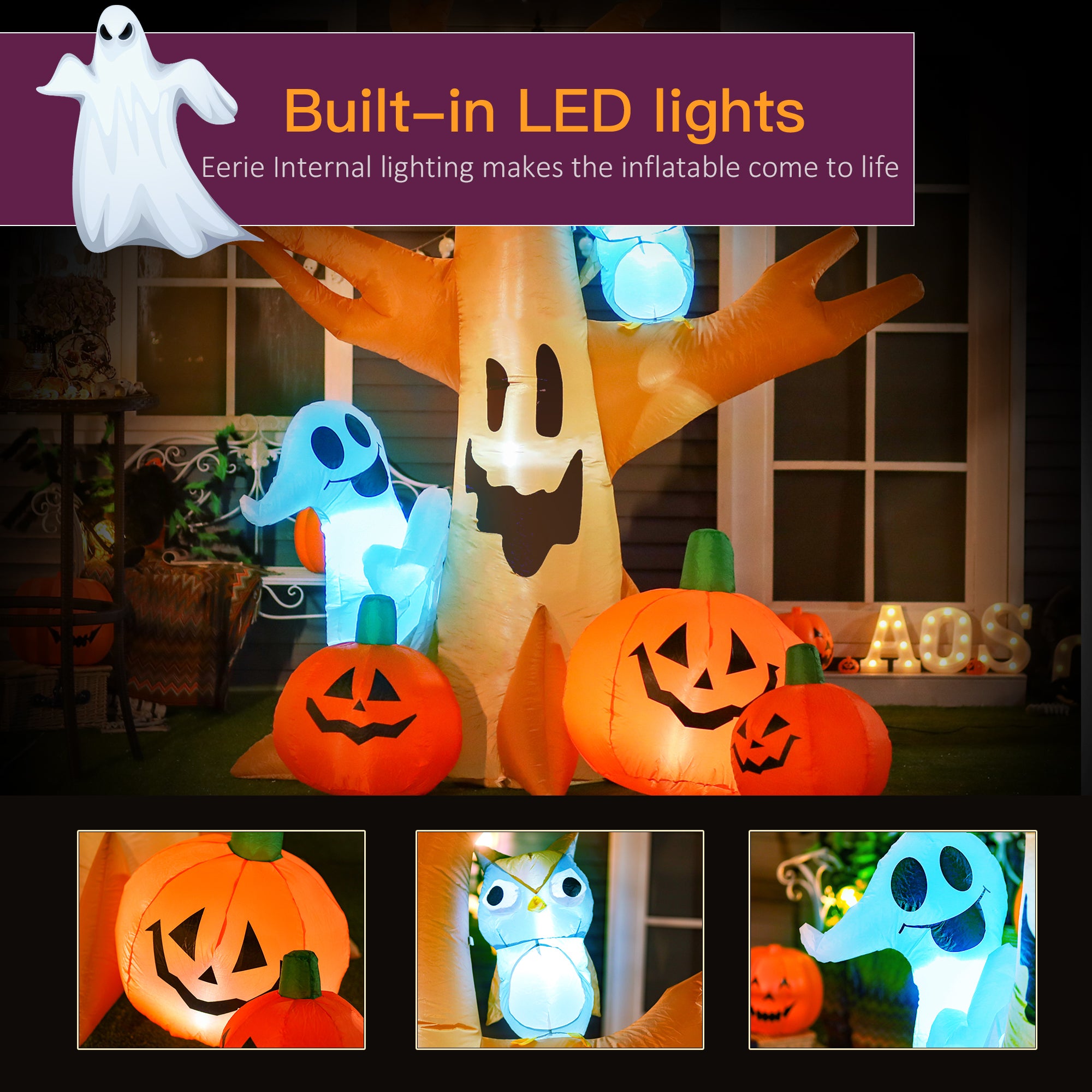 240cm Large Halloween Scary Lighting Inflatable Tree Ghost 3 Pumpkins Owl 4 LED Indoor Outdoor Holiday Decoration