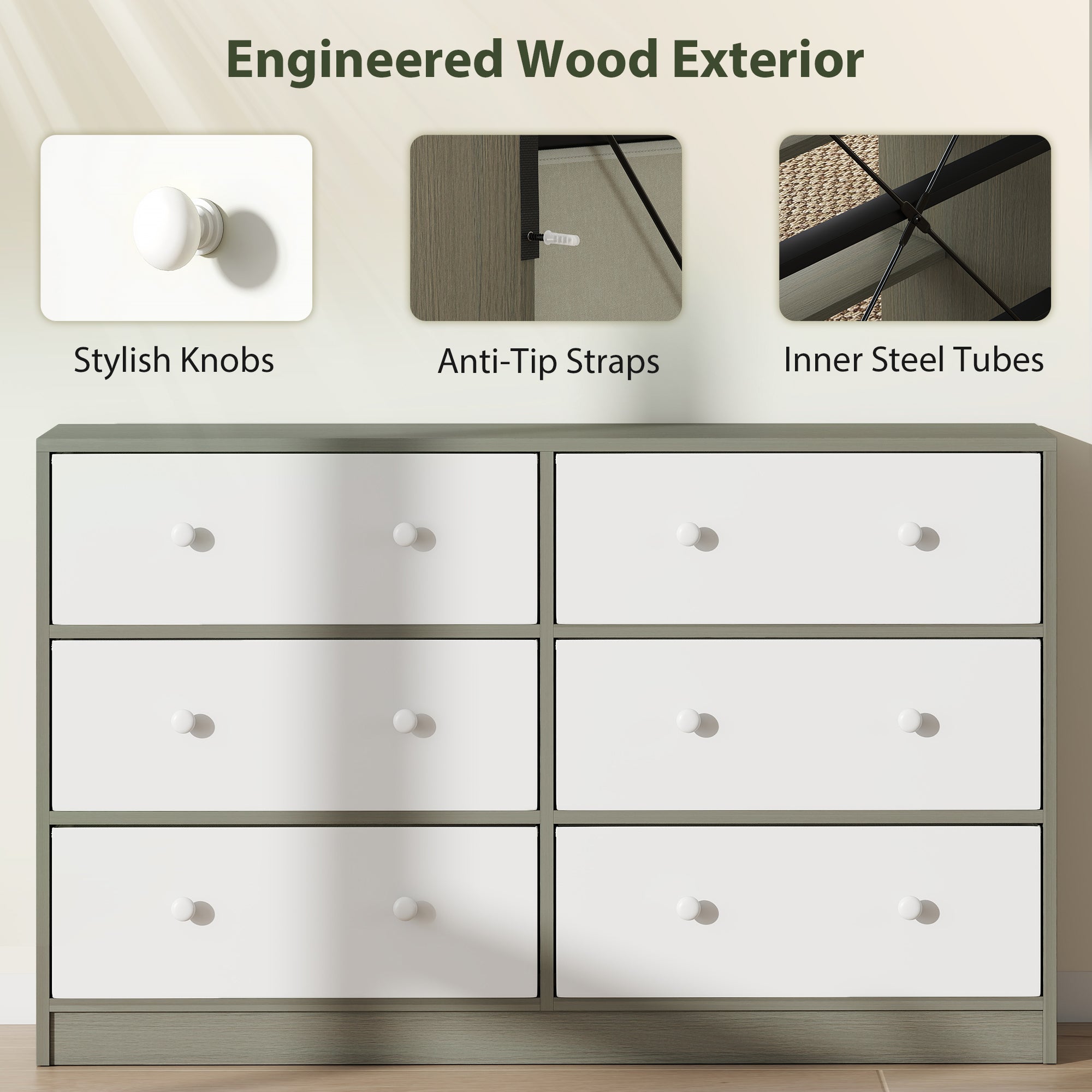 Chest of Drawers, Dresser with 6 Fabric Drawers - White and Grey