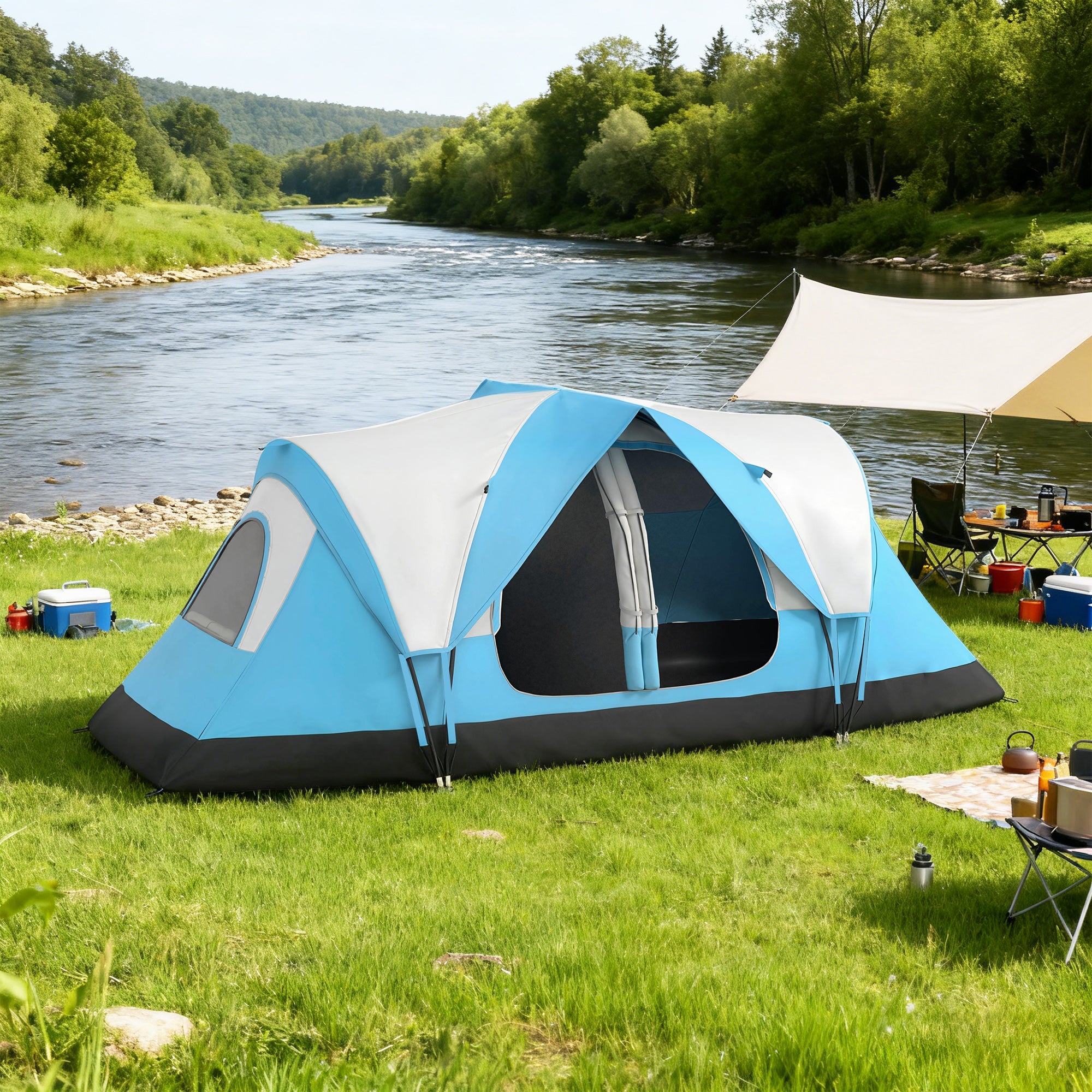 Camping Tent for 6-8 Man with 2000mm Waterproof Rainfly and Carry Bag for Fishing Hiking Festival, Sky Blue