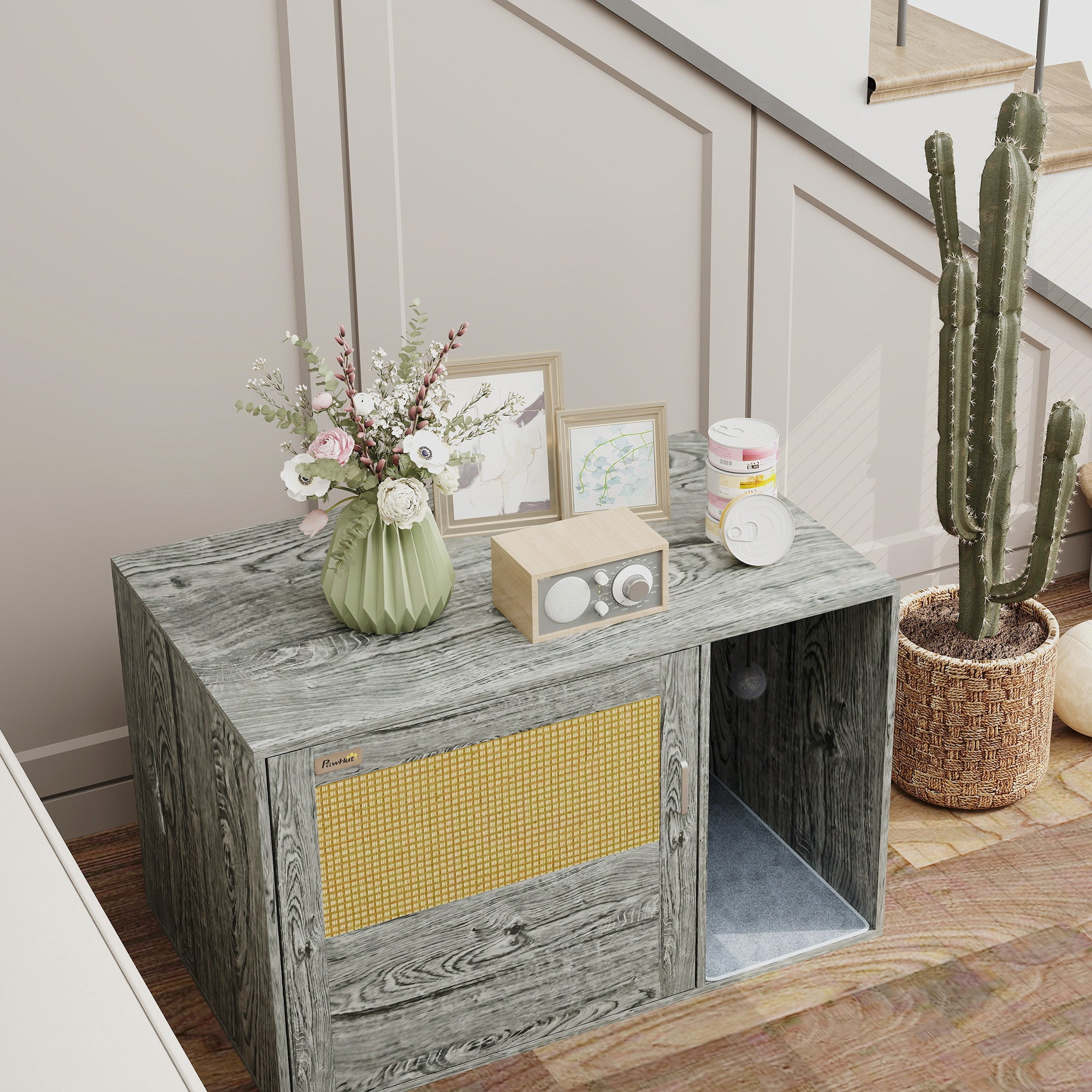 Boho Style Cat Litter Box Enclosure with Rattan Door, Scratching Mat, Toy Ball, Non-slip Foot Pads, 80 x 50 x 50cm, Grey