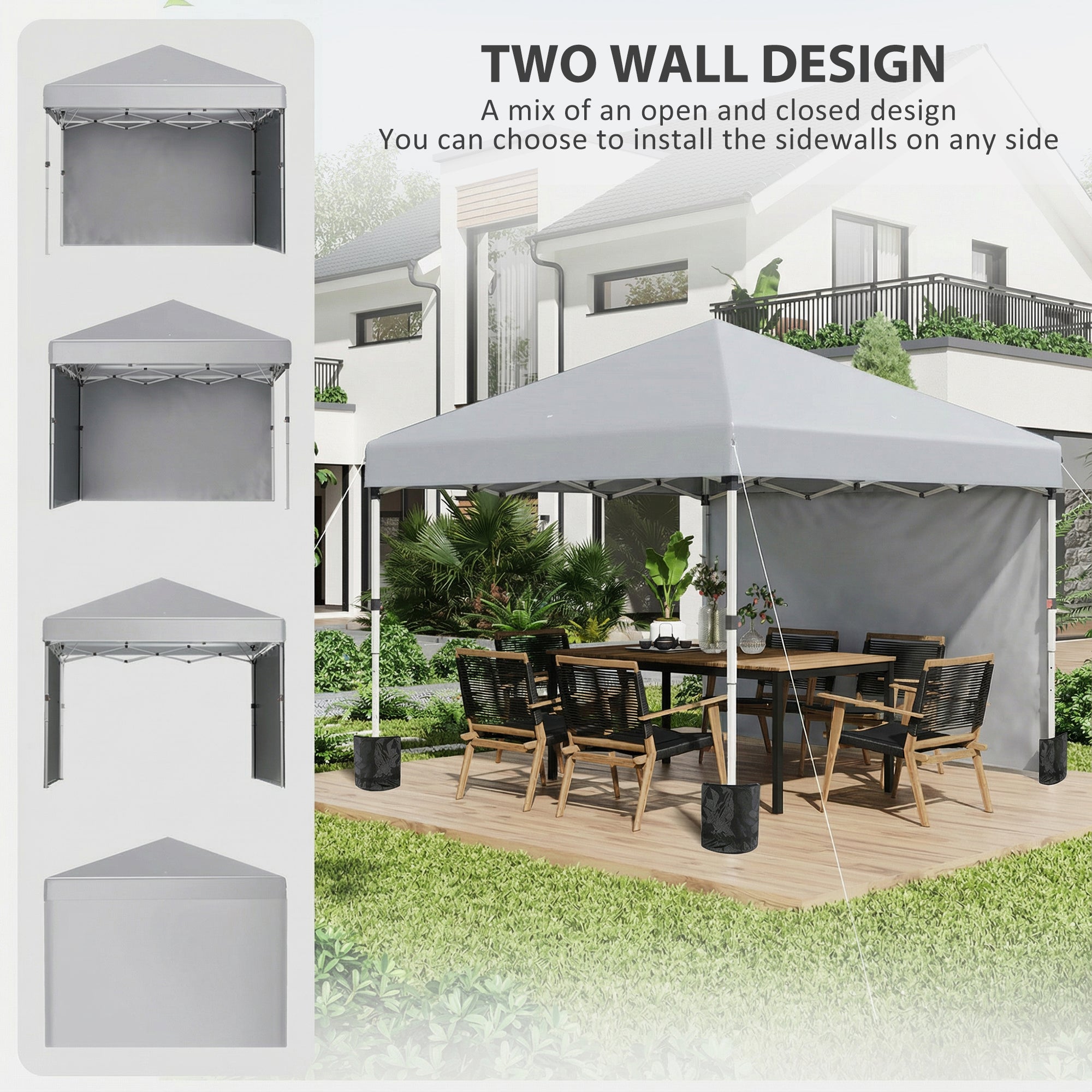 3 x 3 m Pop Up Gazebo, UPF 30+ Party Tent with 2 Sidewalls, Weight Bags and Wheeled Bag, Light Grey