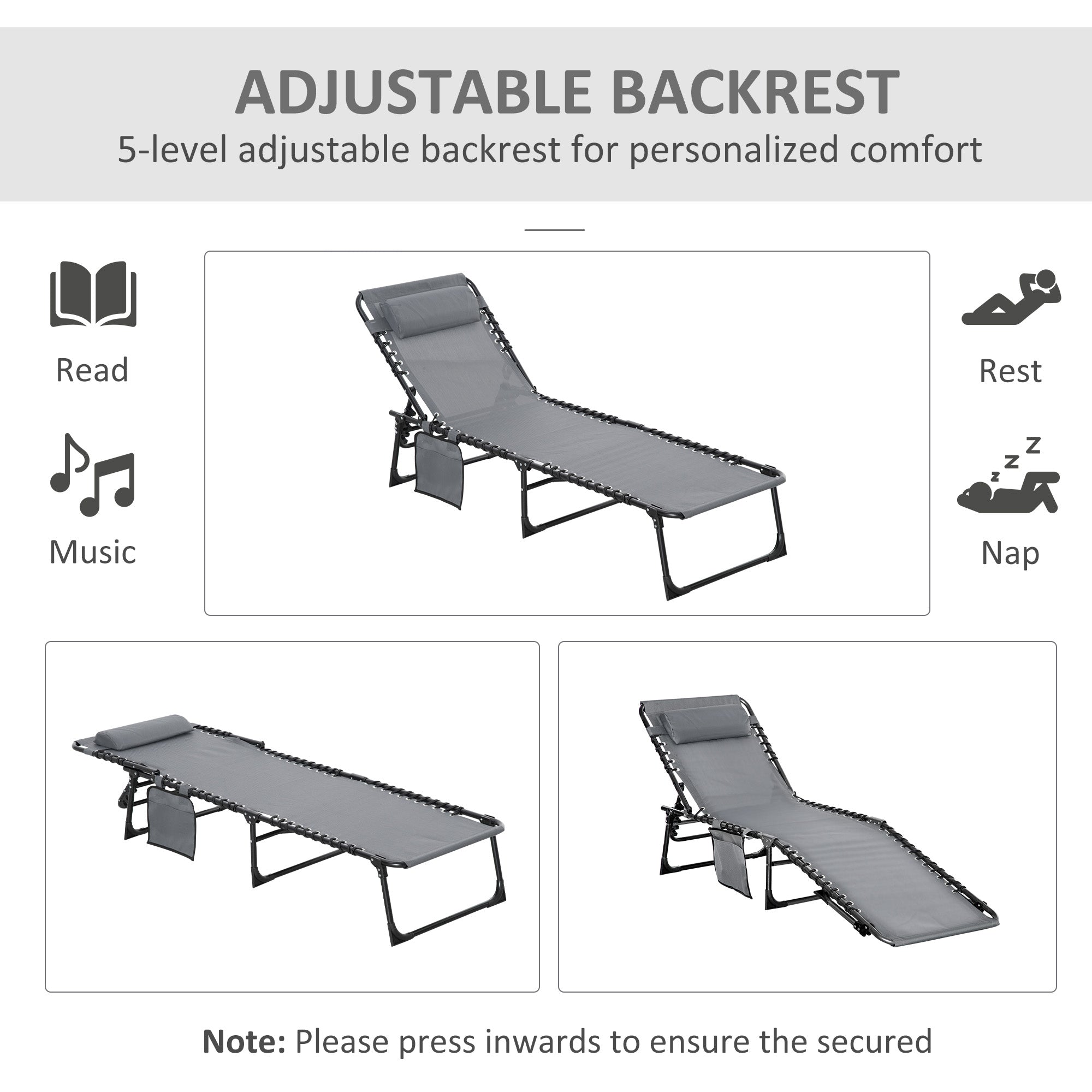 Portable Sun Lounger Set of 2, Folding Camping Bed Cot, Reclining Lounge Chair 5-position Adjustable Backrest with Side Pocket, Pillow for Patio Garden Beach Pool, Grey