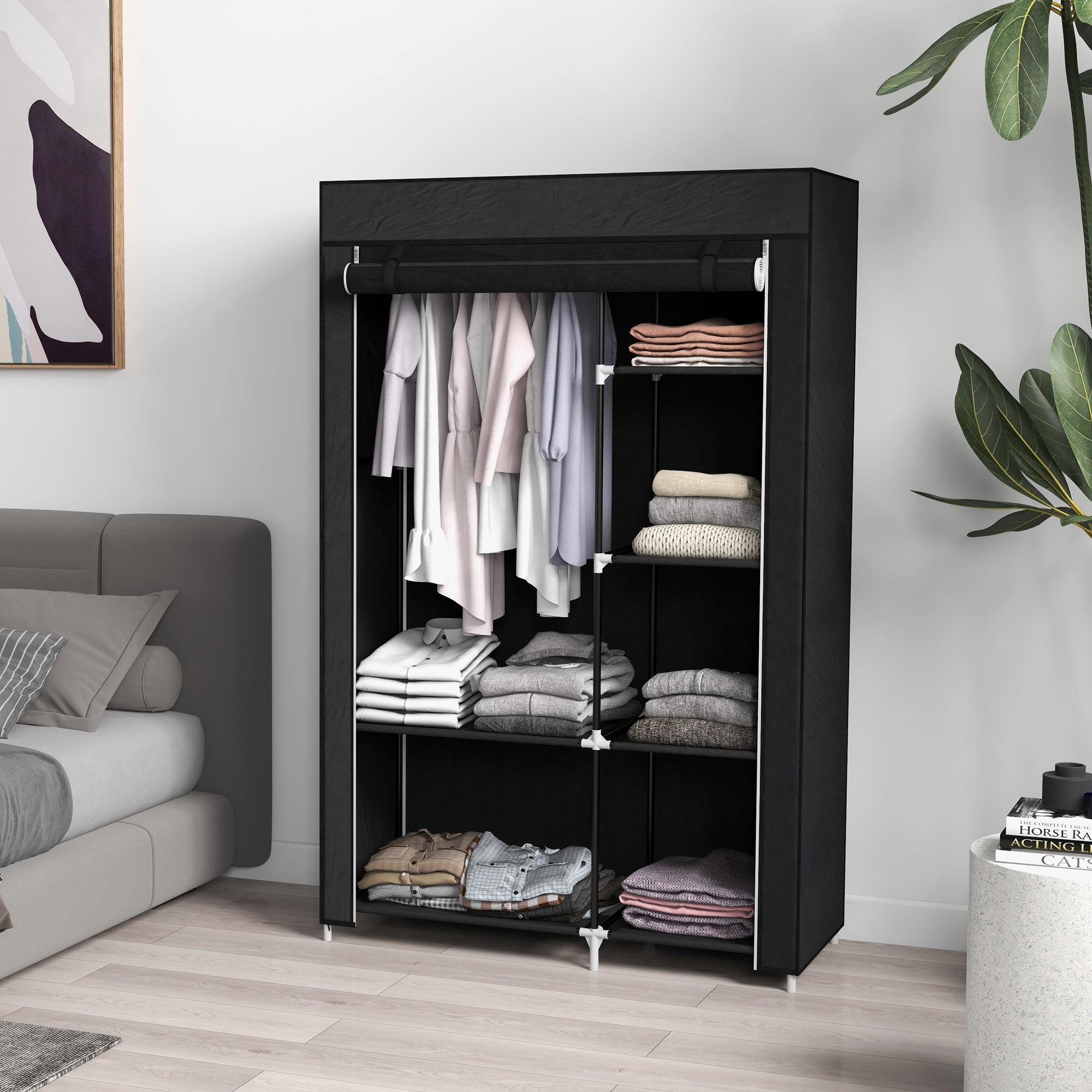 Fabric Wardrobe, Portable Wardrobe with 6 Shelves, 1 Hanging Rail, Foldable Closets, 103 x 43 x 162.5 cm, Black