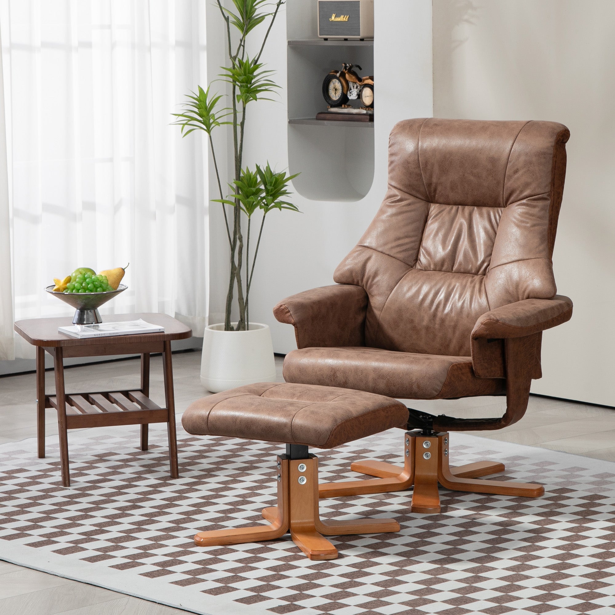 Recliner Chair With Footstool, Swivel Lounge Armchair, 135° Reclining Chair With Soft Padded Seat and Armrest For Living Room, Bedroom, Brown