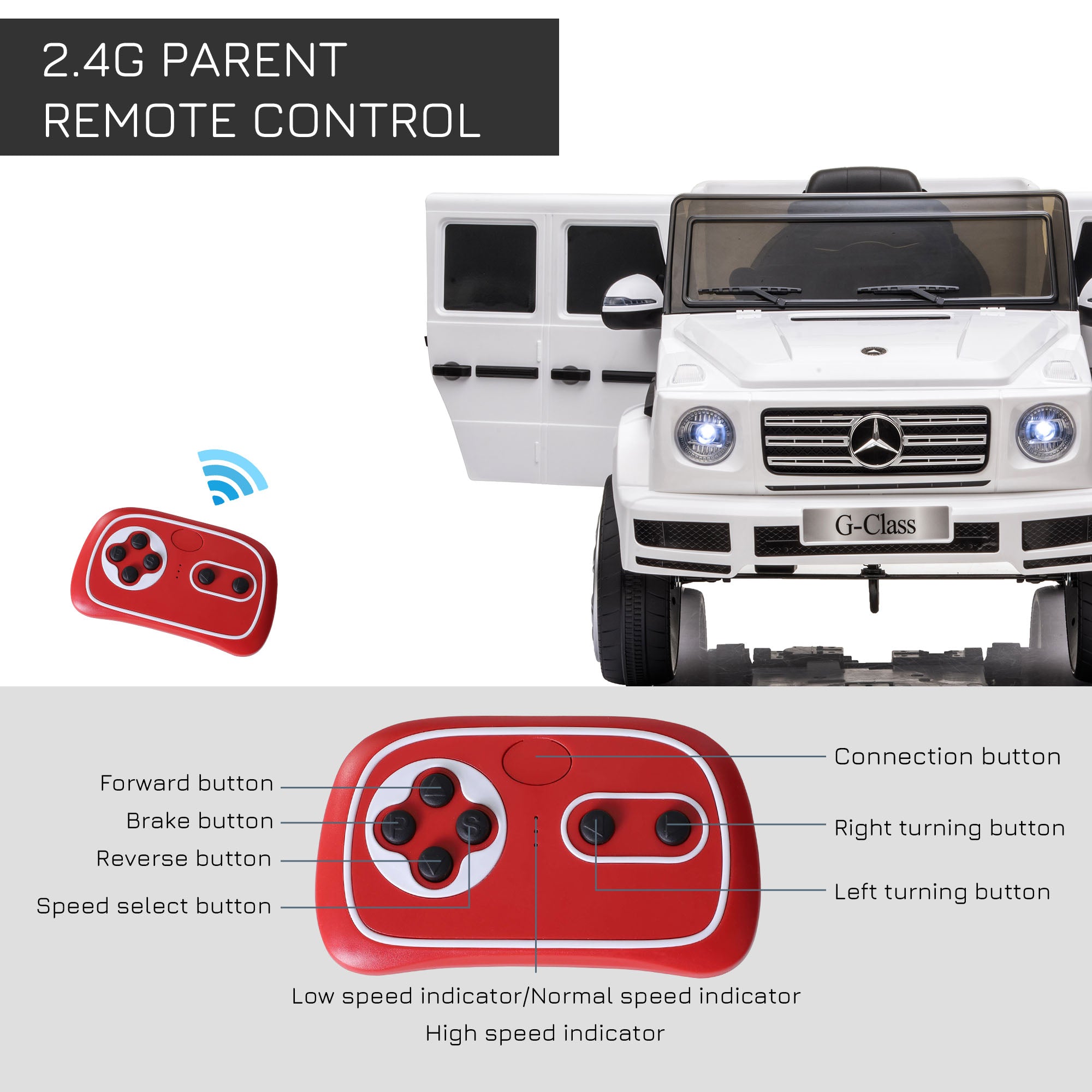 Mercedes Benz G500 Licensed 12V Kids Electric Ride On Car Toy with Parental Remote Control Battery-powered 2 Motors Music Lights MP3 for 3-8 Years Old White