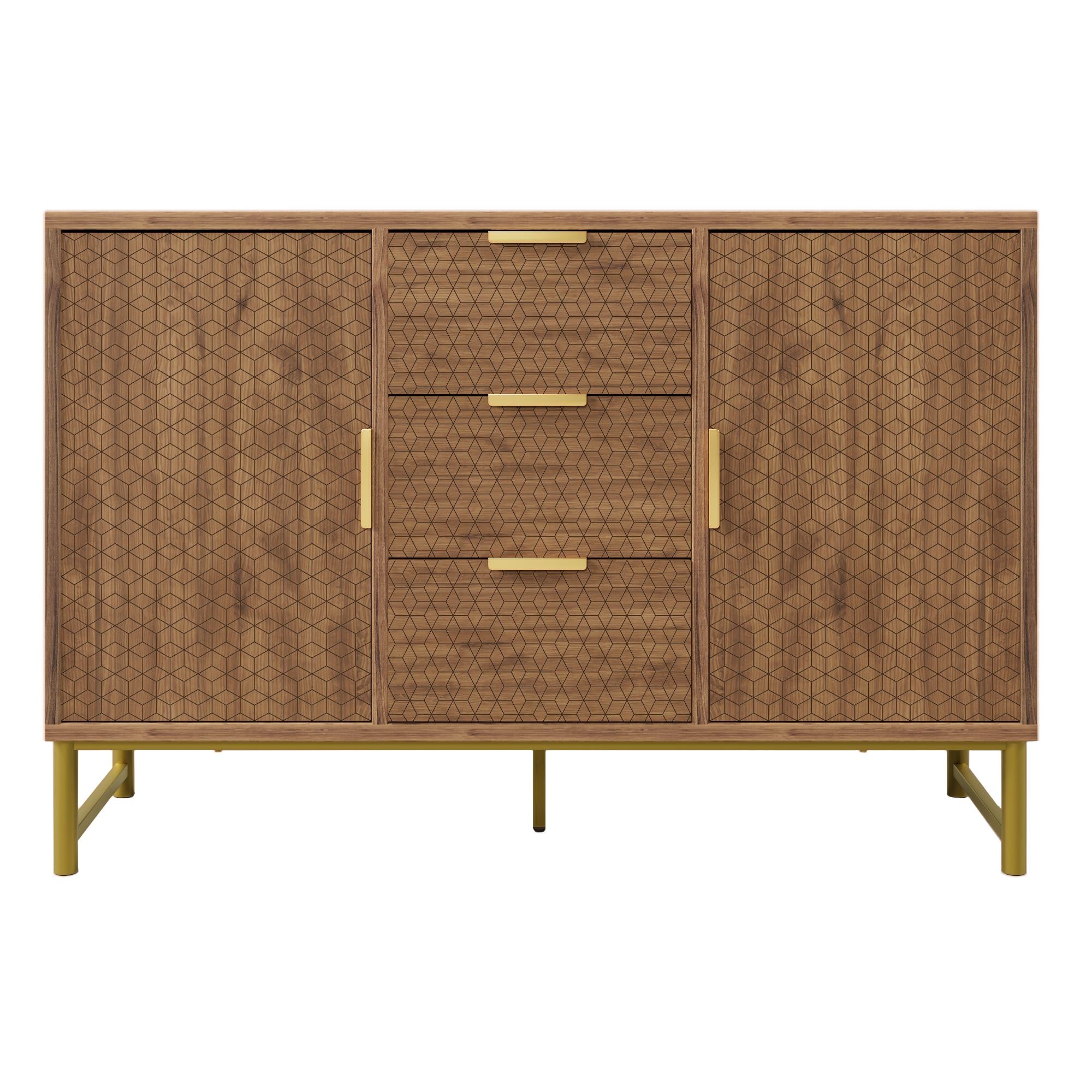 Embossed Design Sideboard Cabinet with 3 Drawers and 2 Doors, Adjustable Shelves, Anti-tip, Storage Cabinet, 120L x 40W x 75H cm, Walnut