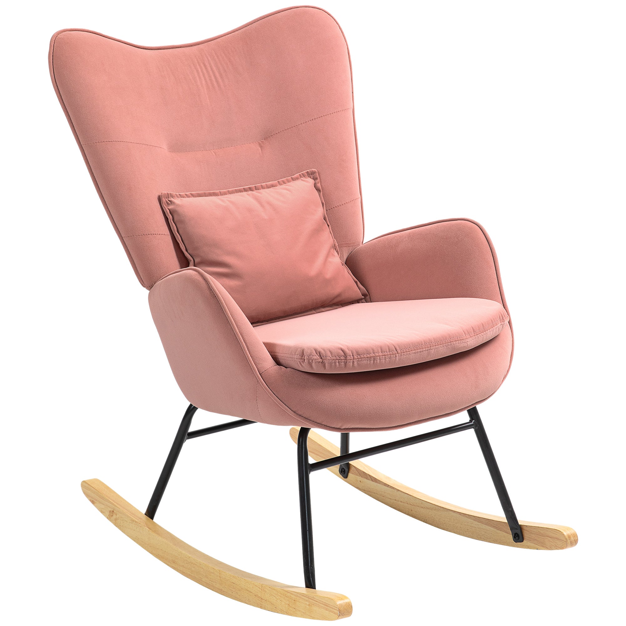 Velvet Rocking Chair Armchair with Lumbar Pillow, Metal Legs and Wood Base for Living Room, Bedroom, Pink