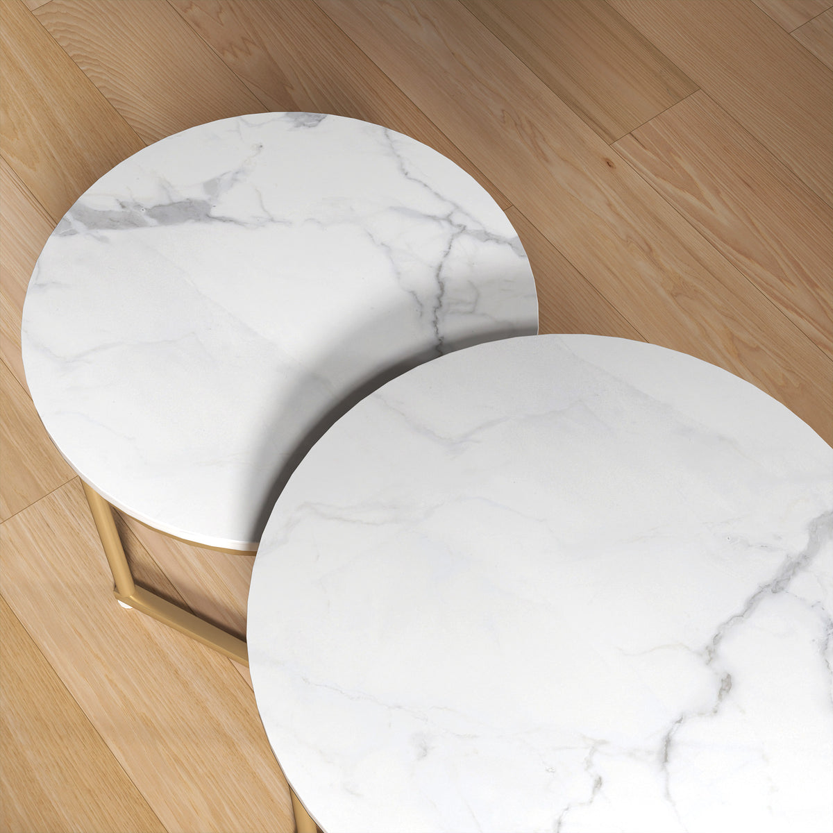 Set of Two Marble-Effect Nesting Tables with Gold-Tone Frames - White/Gold-Tone