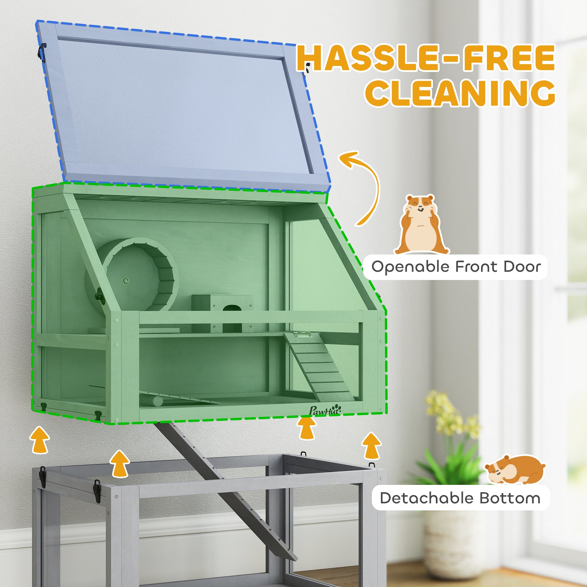 Wooden Hamster Cage with Detachable 32cm Deep Bottom, Hut, Seesaw, Exercise Wheel, Ramp, 60 x 40 x 75cm, Light Grey