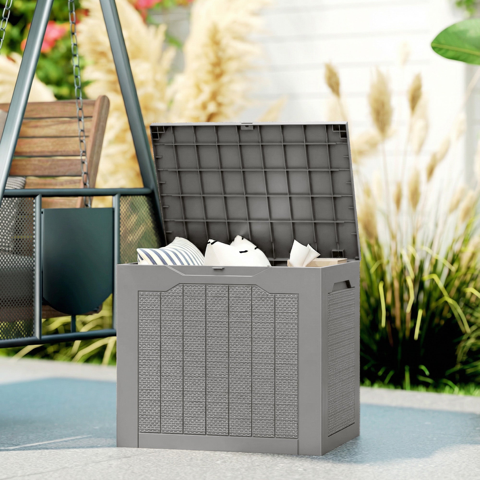 93L Plastic Garden Storage Box, Outdoor Storage Box with Handles, Waterproof Outdoor Storage Container, Khaki