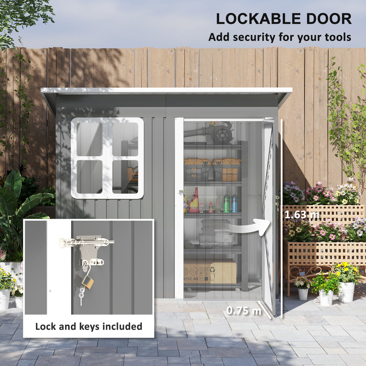7 x 4ft Galvanised Steel Garden Shed with Lock, Gloves & Foundation Kit - Grey