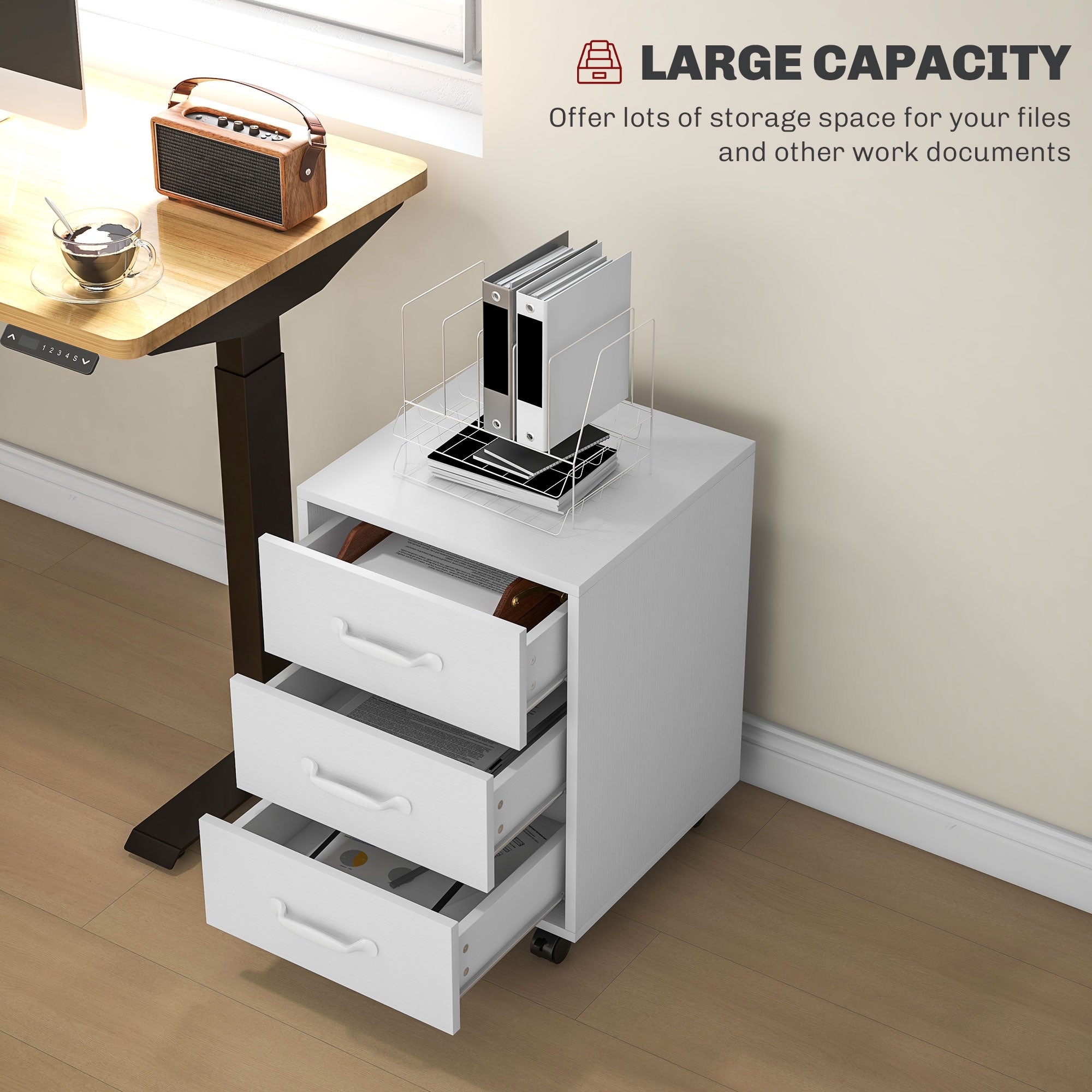 3 Drawer File Cabinet, Mobile Filing Cabinet on Wheels for Home Office, Study, White