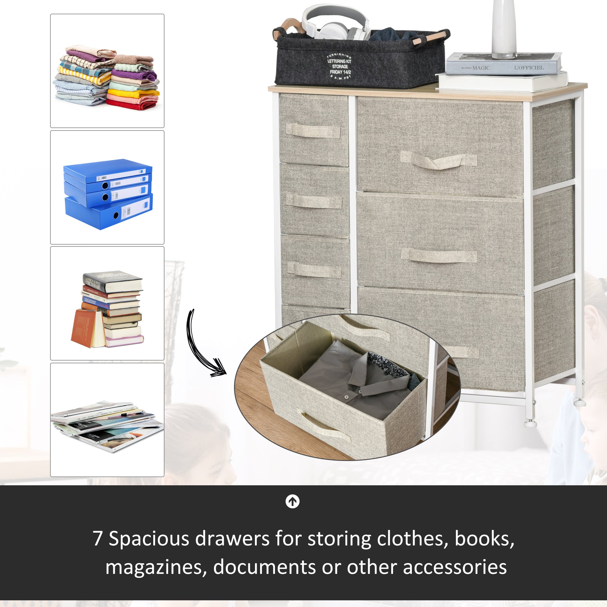 Vertical 7 Linen Drawers Cabinet Organizer Storage Dresser Tower with Metal Frame Adjustable Feet for Living Room, Bathroom, Kitchen, White, Oak and Light Grey