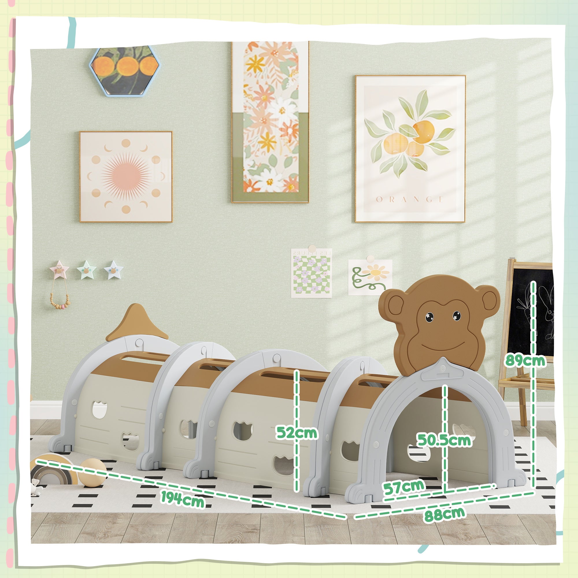 Monkey Design Kids Play Tunnel for Crawl and Climb, for 3-6 Years, Brown