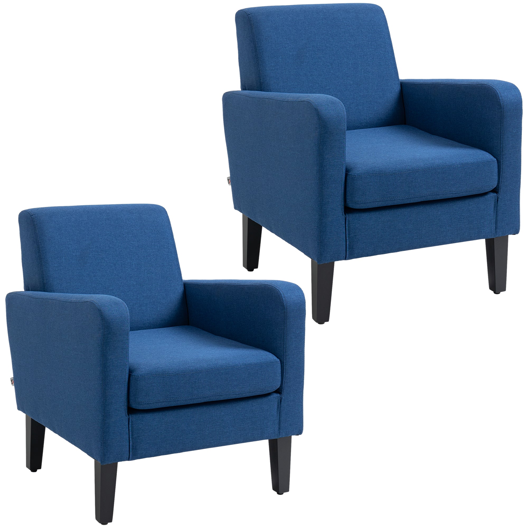 2 Pieces Modern Armchairs with Rubber Wood Legs, Upholstered Accent Chairs, Single Sofa for Living Room, Bedroom, Blue