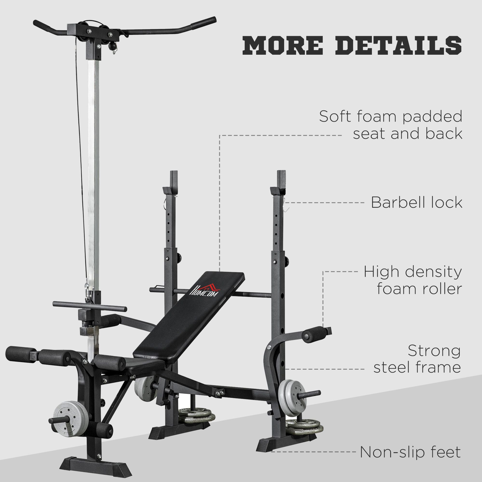 Adjustable Weight Bench with Pulley System, Incline Bench Press Set with Squat Rack, Leg Developer, Butterfly and Weight Storage, for Home Gym Full Body Workout