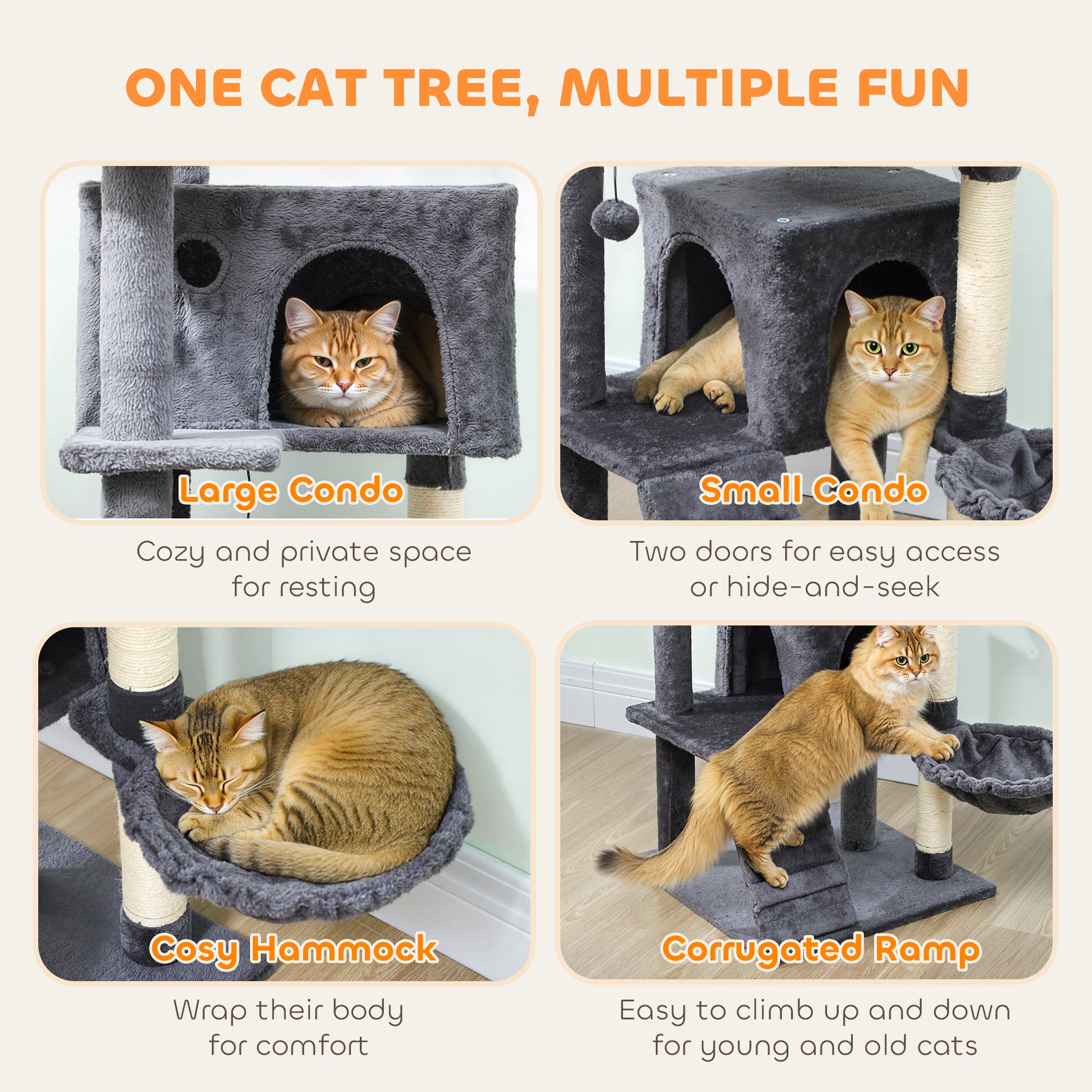 140cm Large Cat Tree Tower with Sisal Scratching Posts, Cat Houses, Plush Perches, Hammock, Ladder, Dark Grey