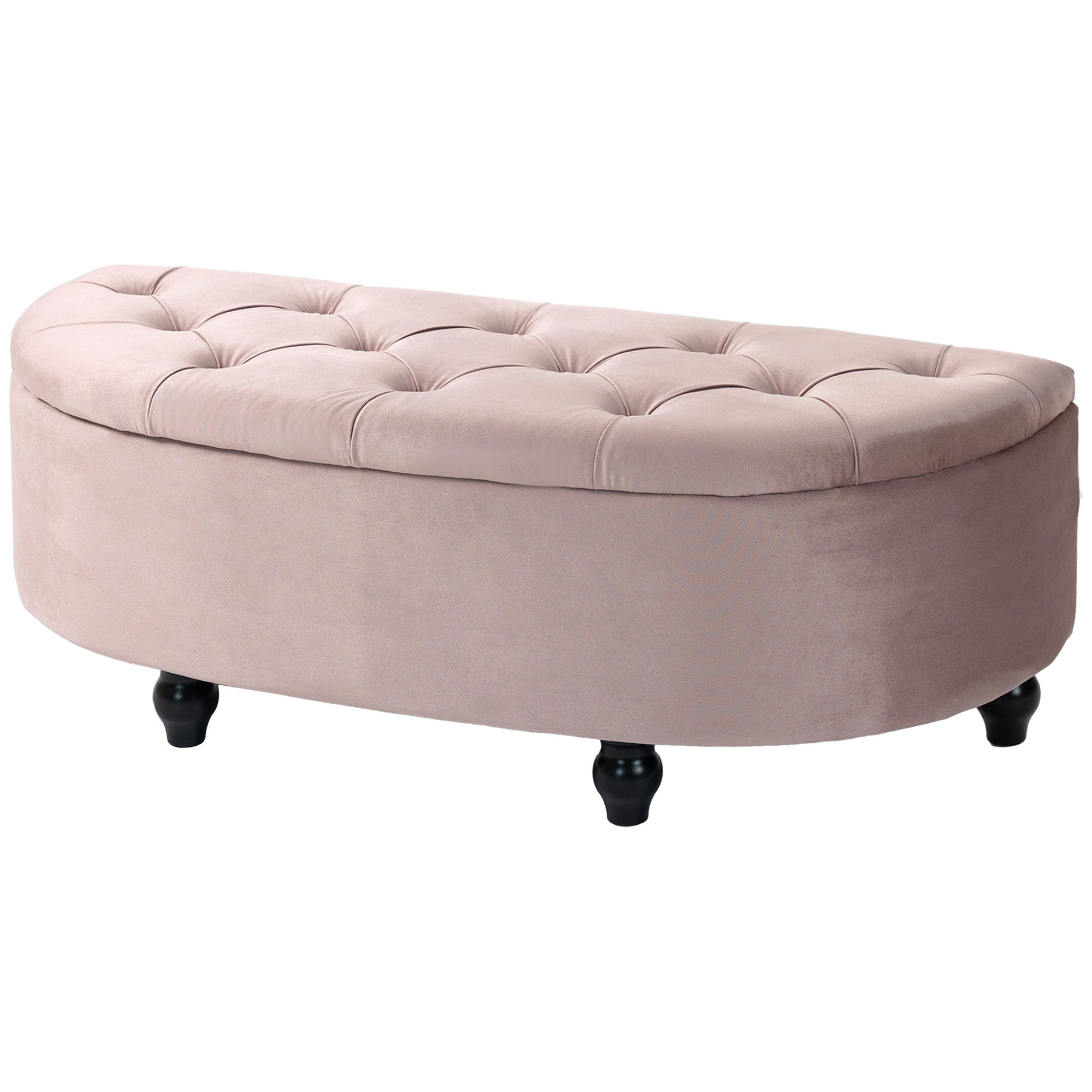 Semi-Circle Bed End Bench Ottoman with Storage Tufted Upholstered Accent Seat Footrest Stool with Rubberwood Legs for Bedroom & Entryway, Pink