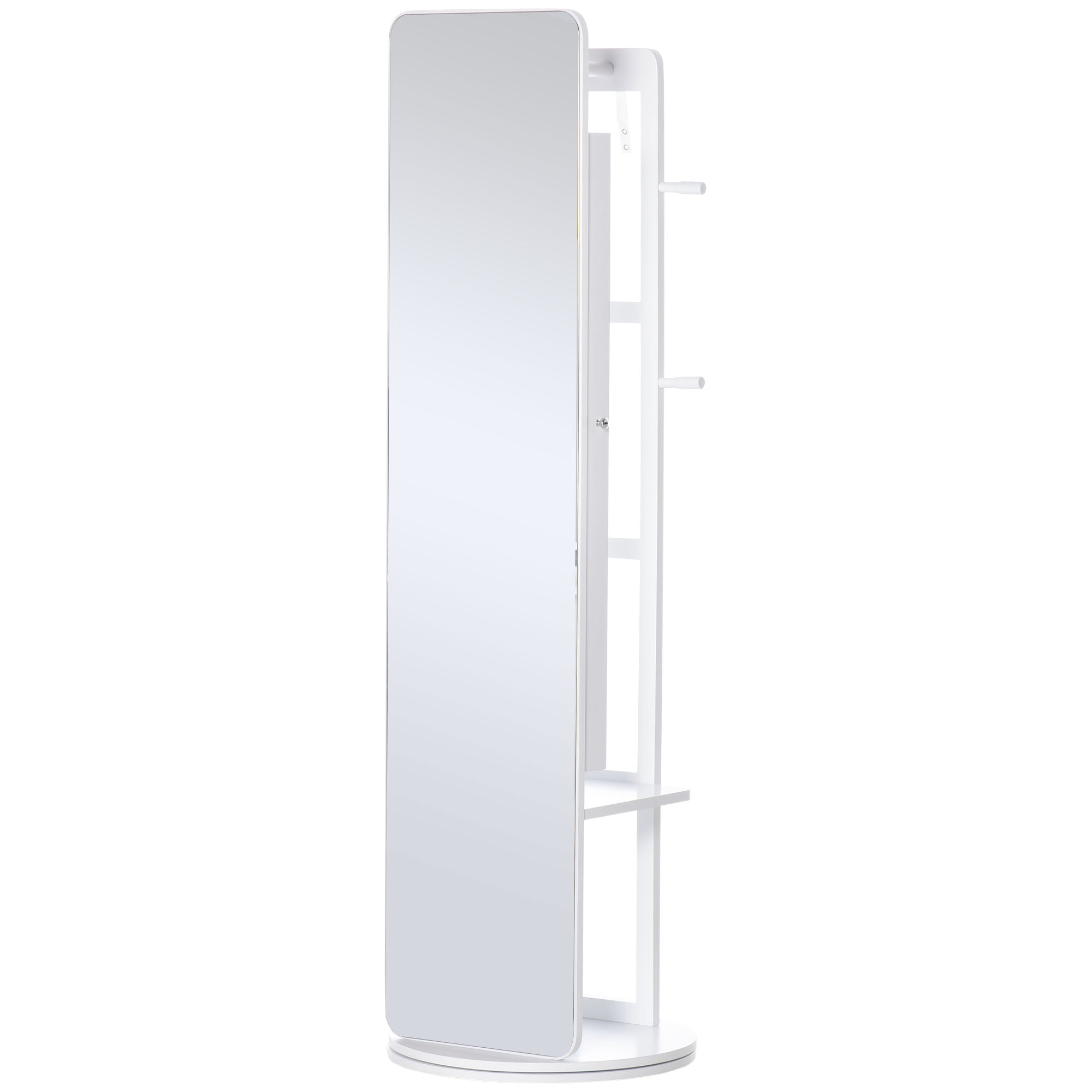 Full Length Mirror W/ Jewelry Cabinet Coat Rack, 360° Rotate White